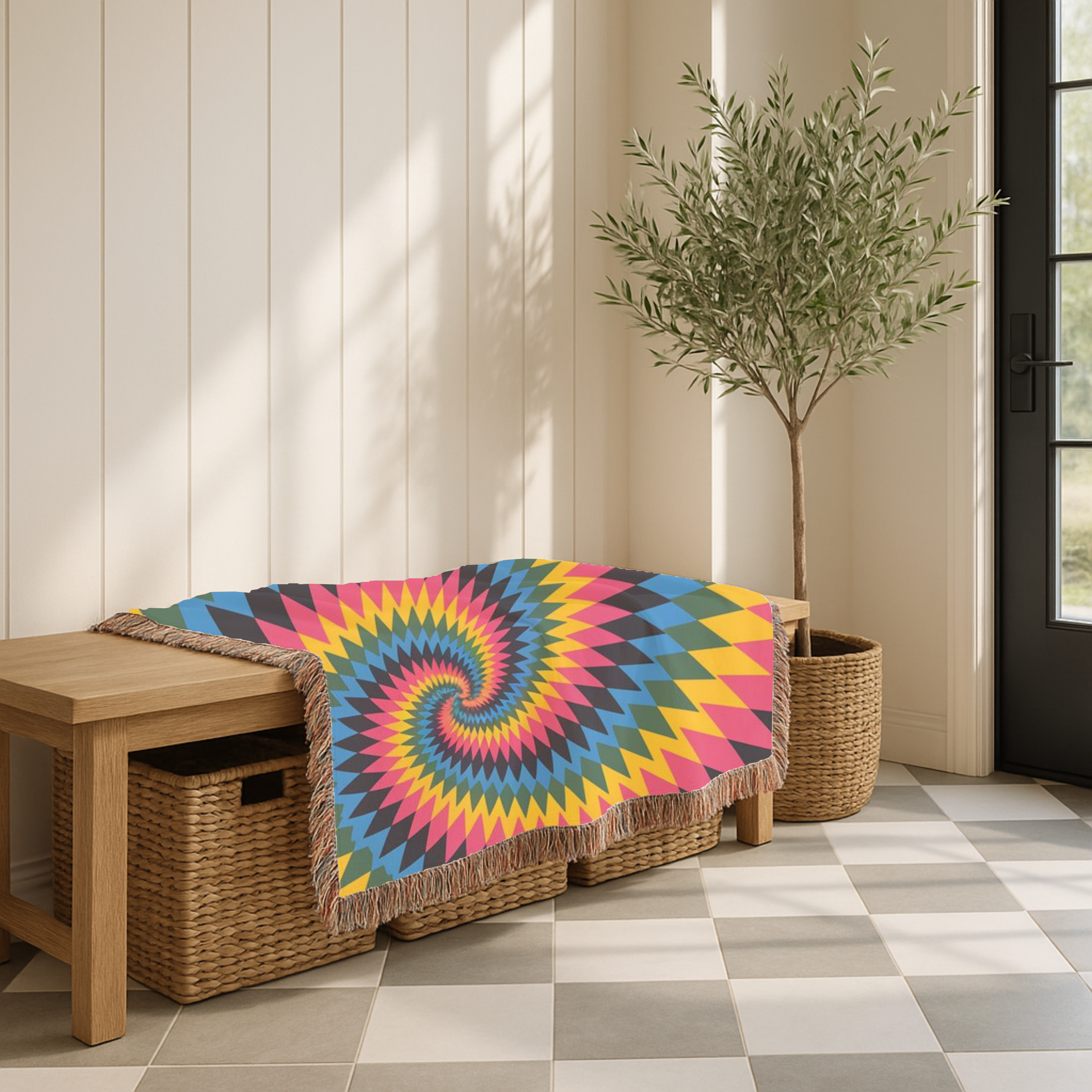 Spectrum Throw — 1990s Rainbow Spiral Woven Blanket