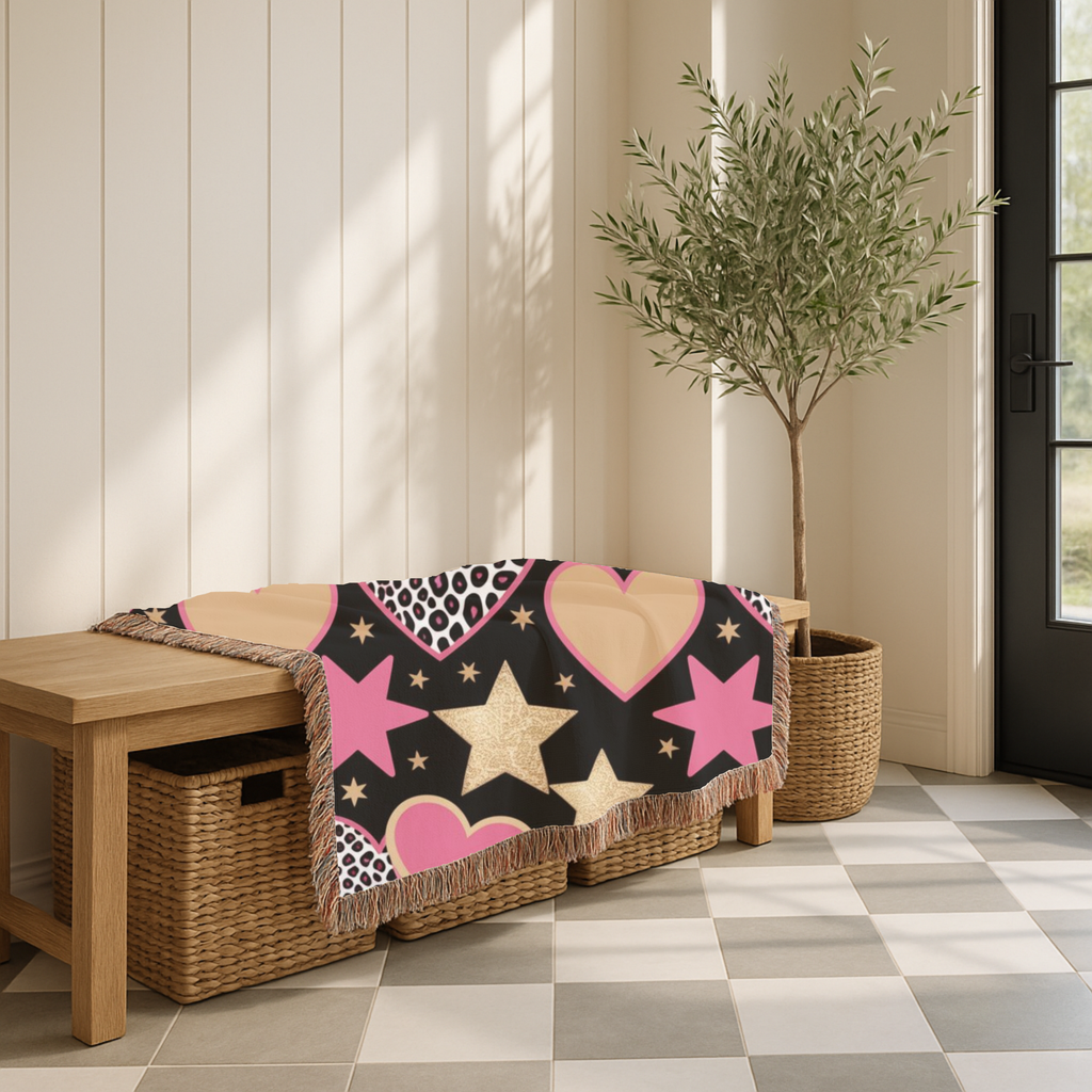 Girl Power Throw — 1990s Leopard Heart & Star Woven Blanket