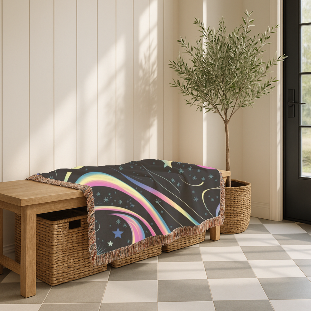 Stardust Throw — 2000s Y2K Rainbow Star Swirl Woven Blanket