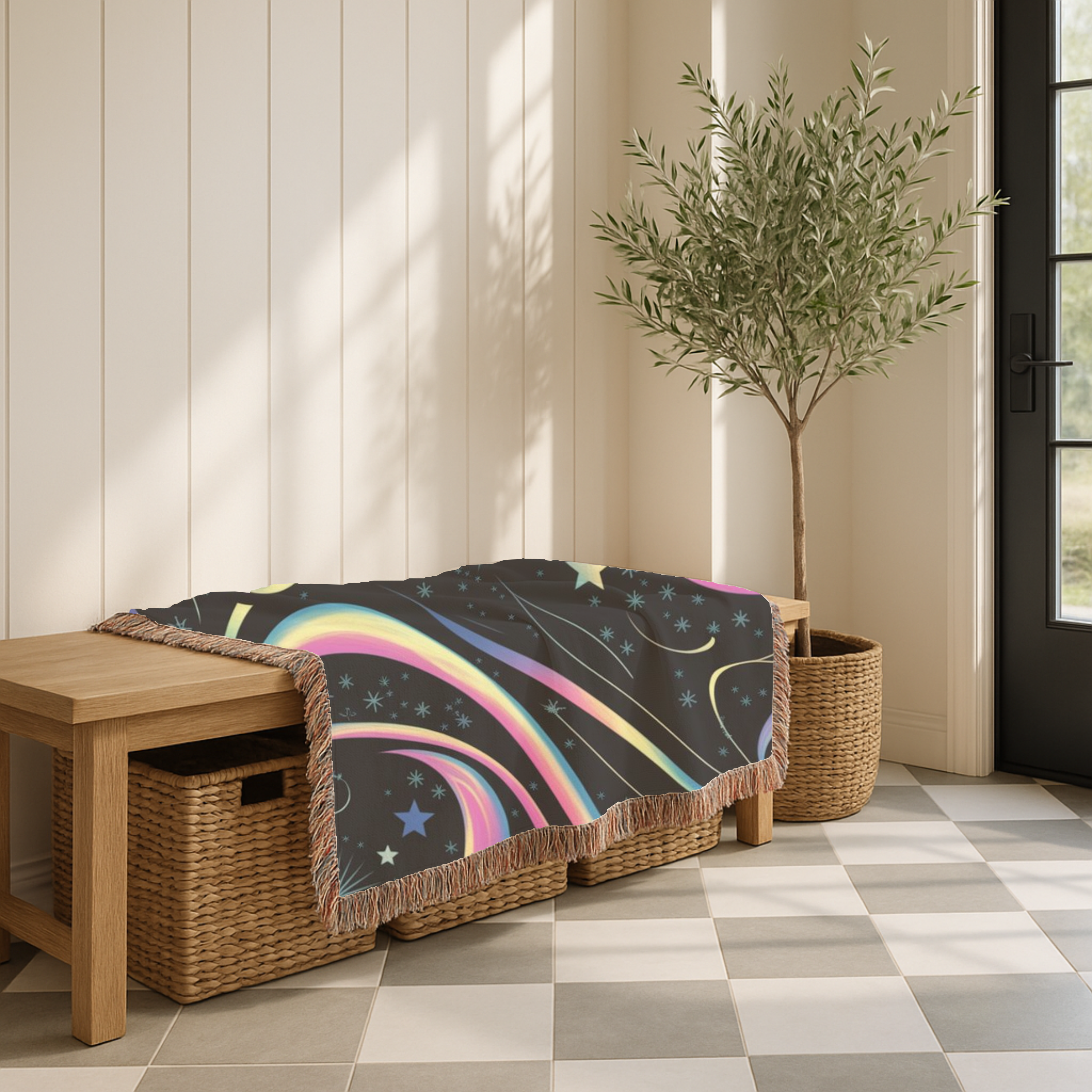 Stardust Throw — 2000s Y2K Rainbow Star Swirl Woven Blanket