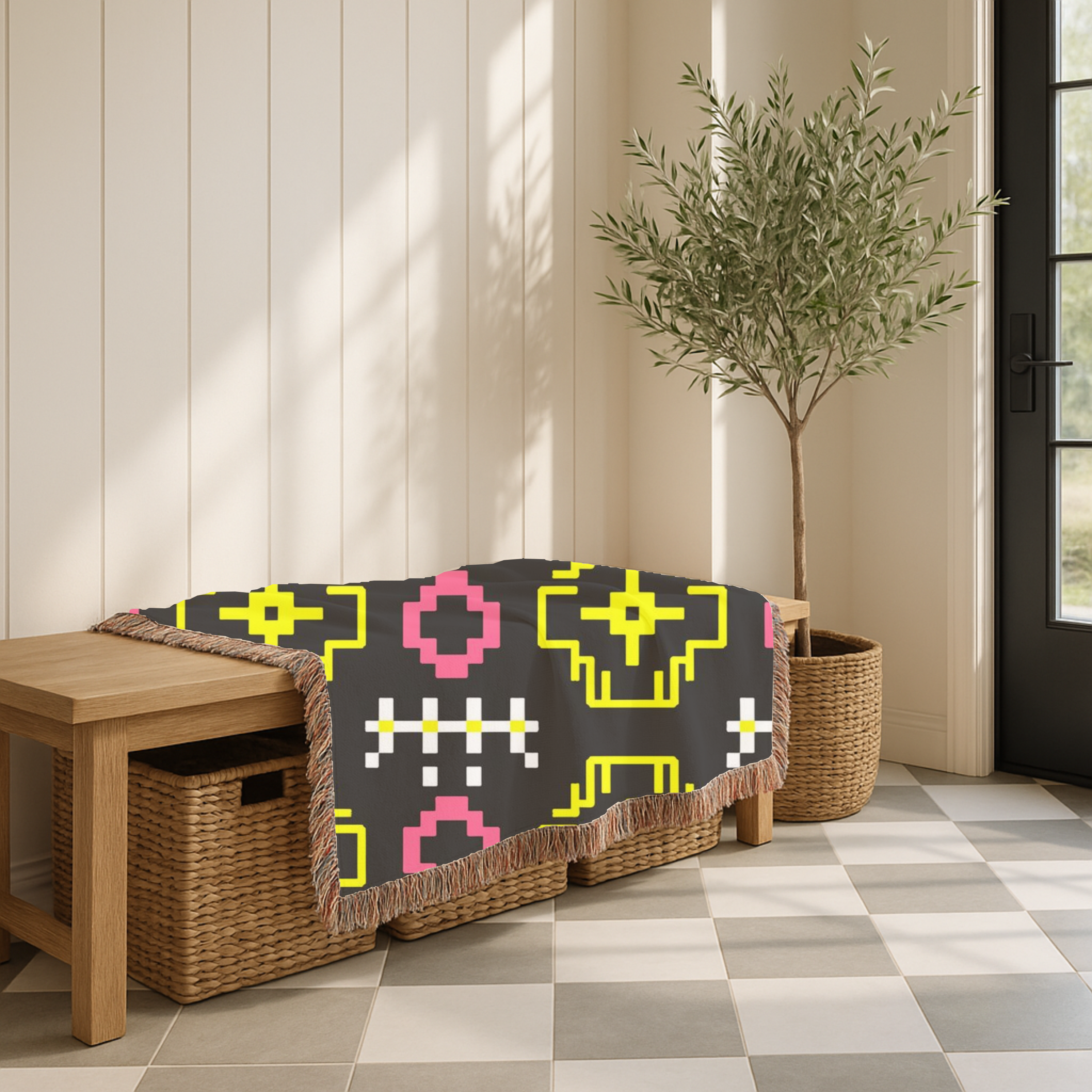 Pixel Bloom Throw — 1980s Arcade Neon Woven Blanket