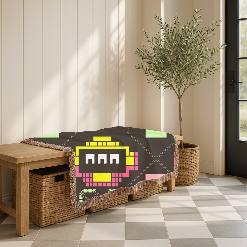 Pixel Robot Throw — 1980s Arcade Game Woven Blanket