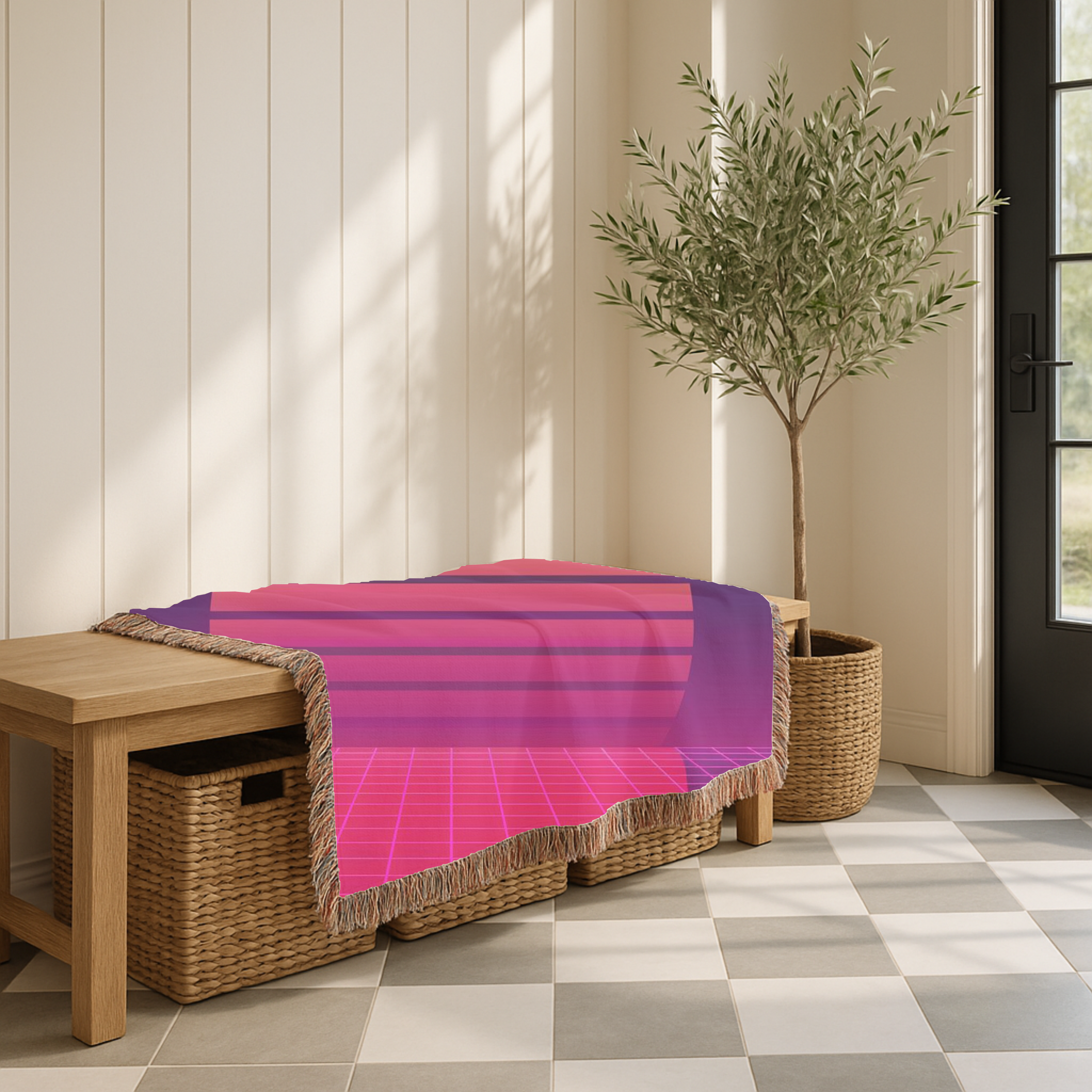 Sunset Grid Throw — 1980s Retrowave Glow Woven Blanket