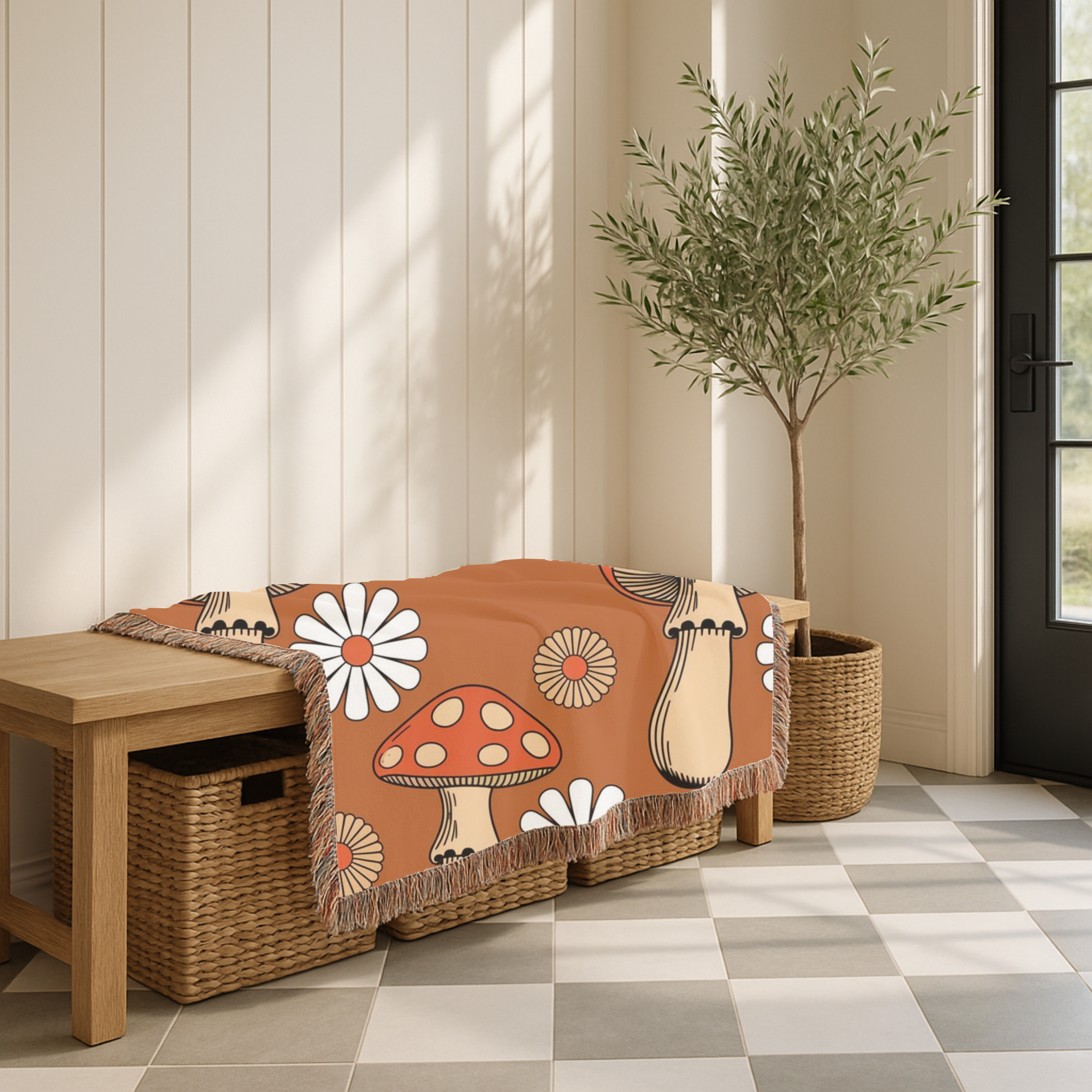 Groovy Mushroom Throw — 1970s Toadstool Daisy Woven Blanket