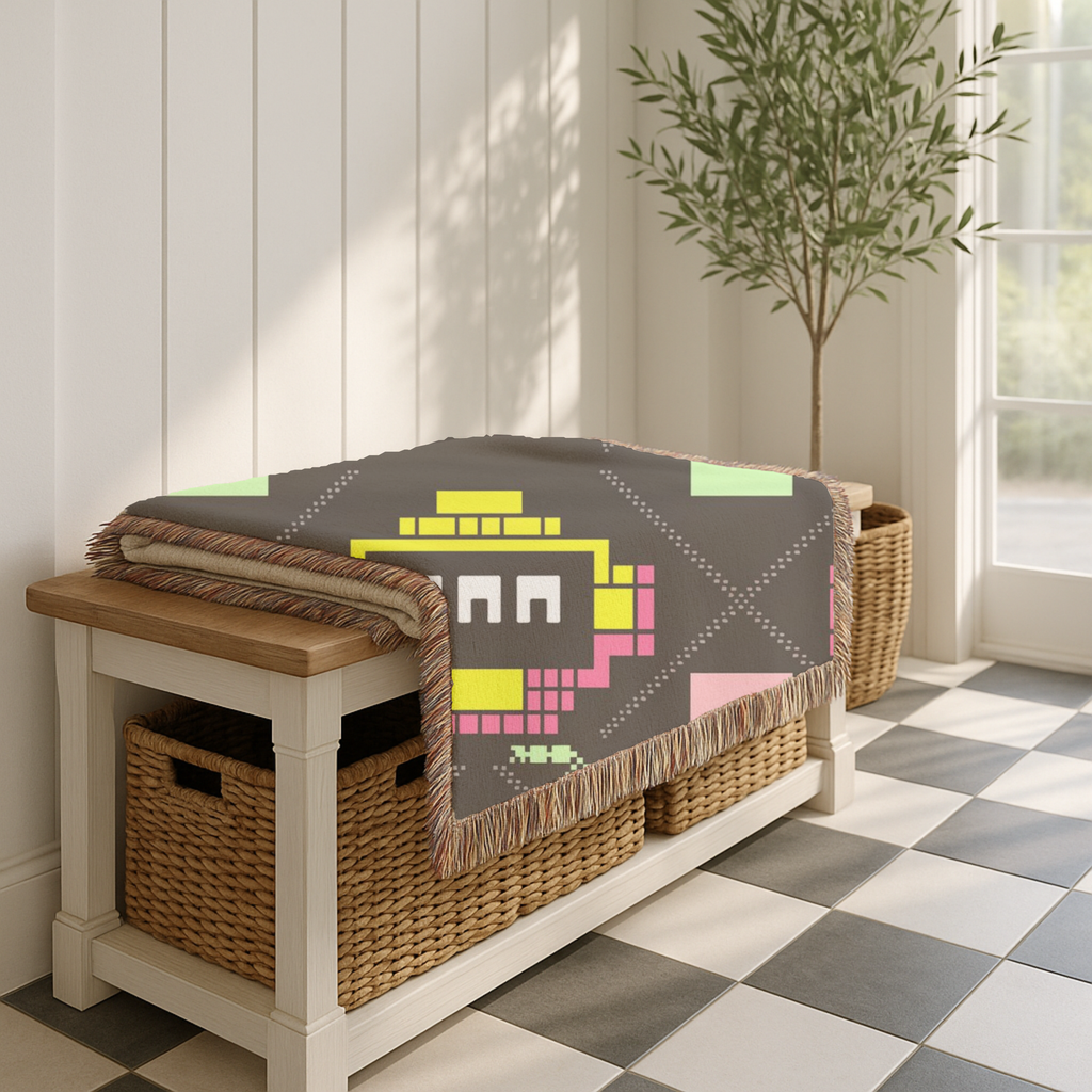 Pixel Robot Throw — 1980s Arcade Game Woven Blanket