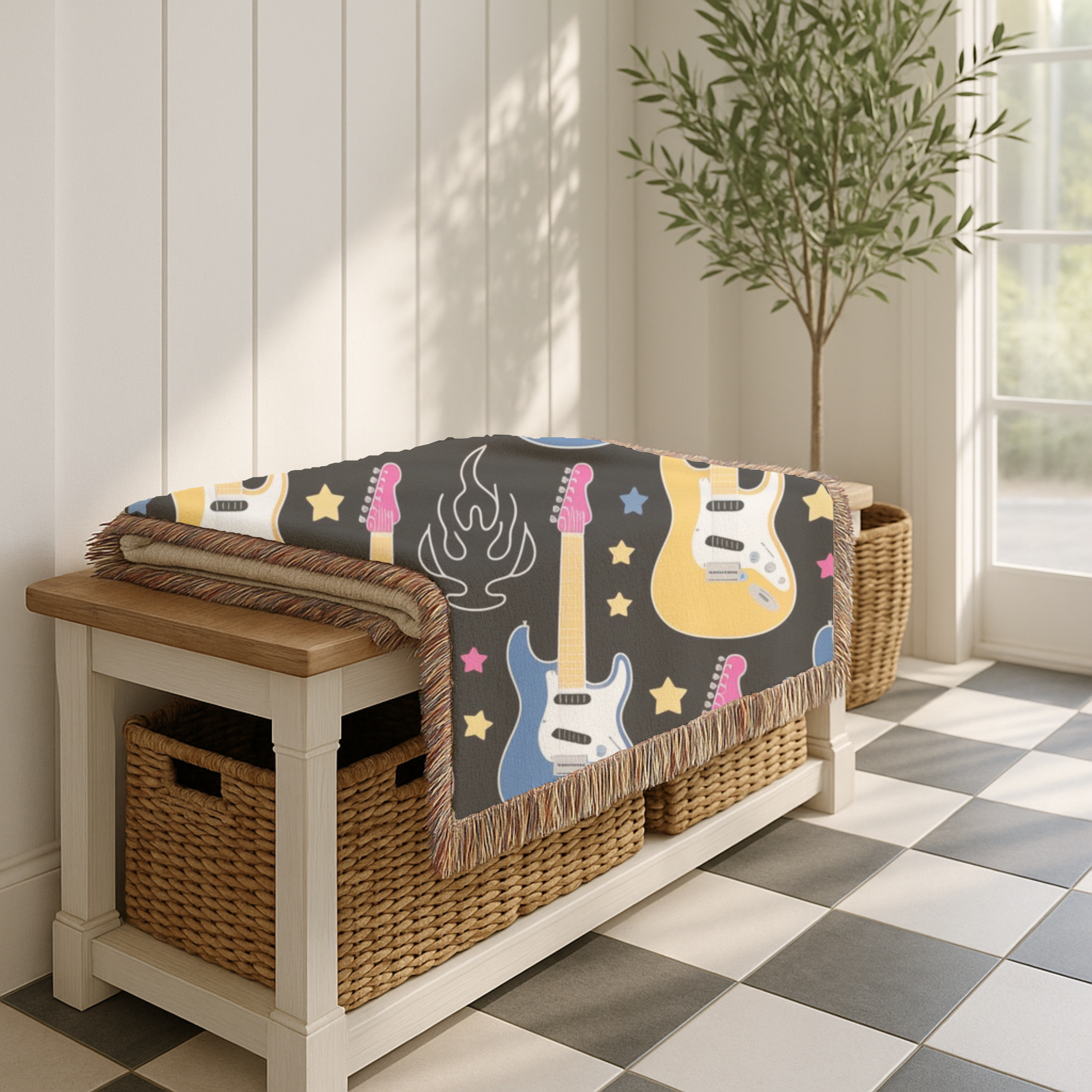 Rock Flame Throw — 1980s Guitar Fire Woven Blanket