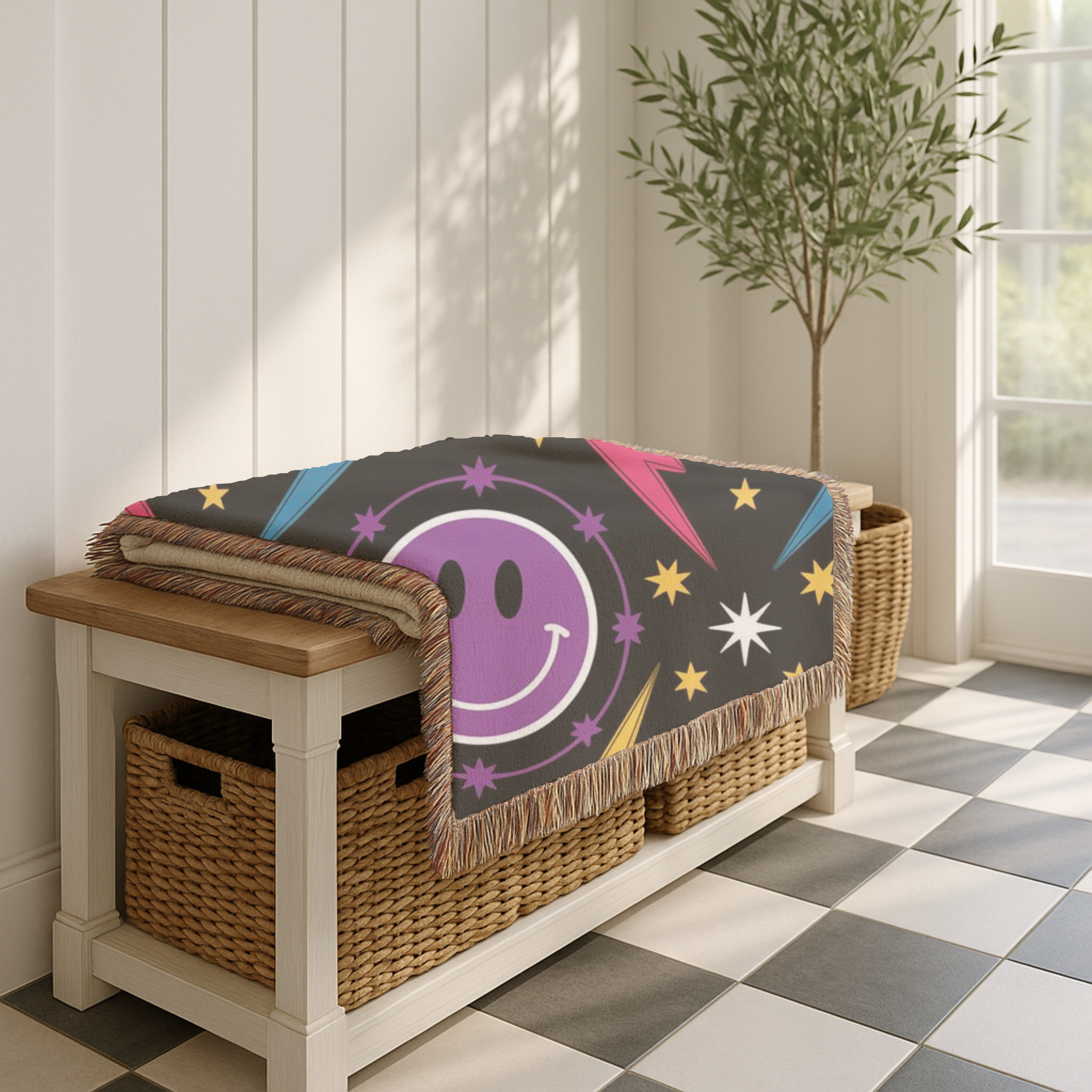 Bolts & Smiles Throw — 1990s Smiley & Lightning Woven Blanket