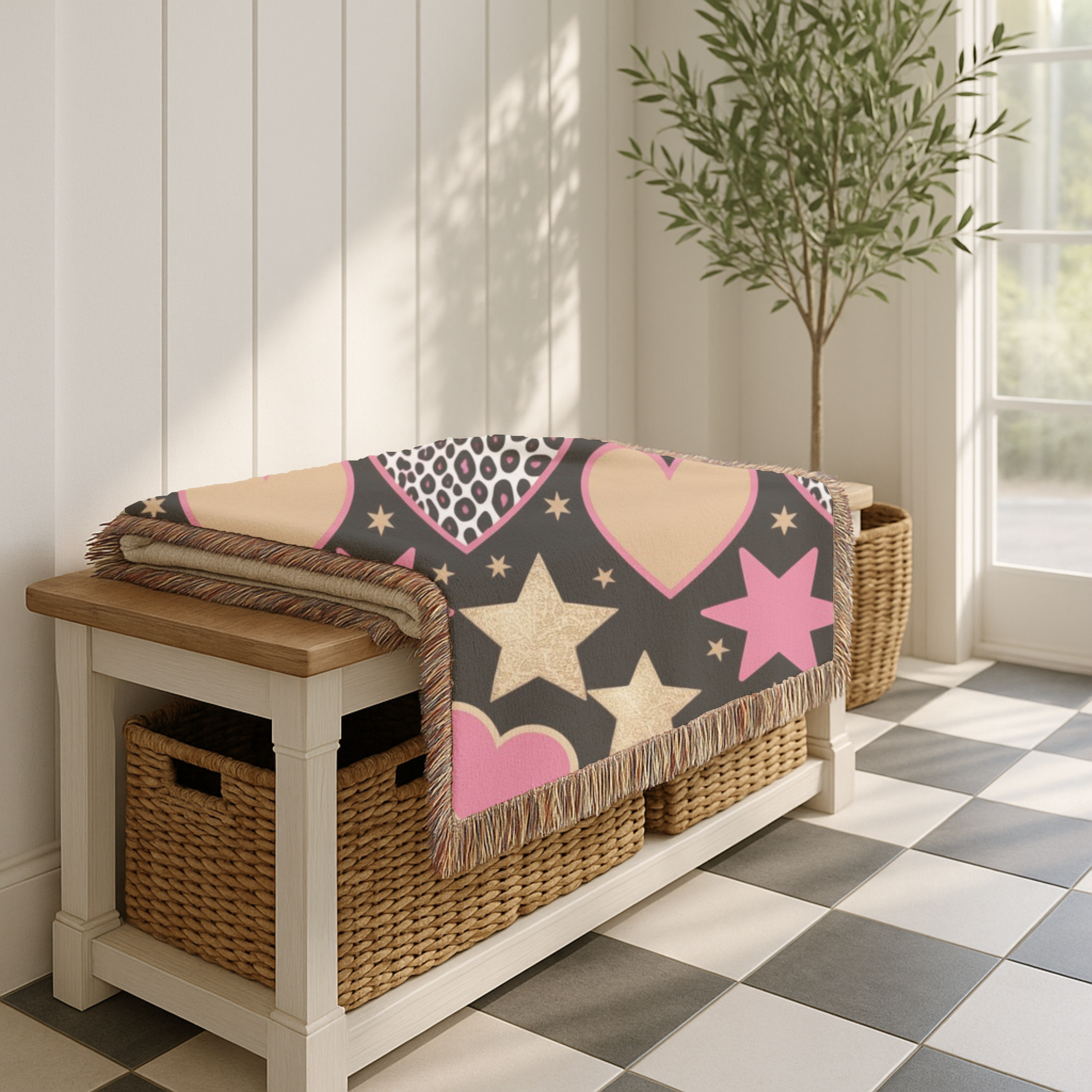 Girl Power Throw — 1990s Leopard Heart & Star Woven Blanket