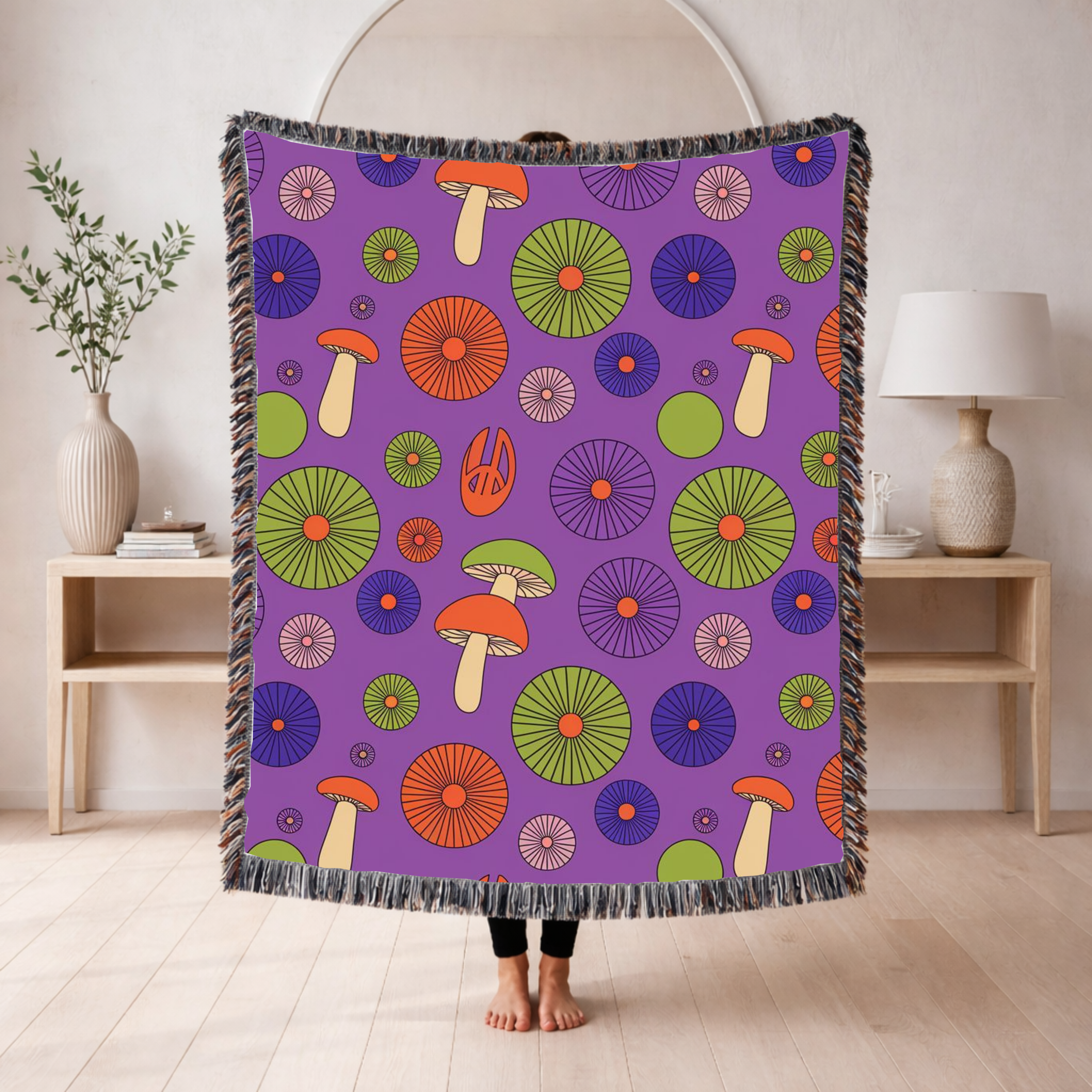 🍄 Magic Mushroom Throw — 1960s Psychedelic Woven Blanket