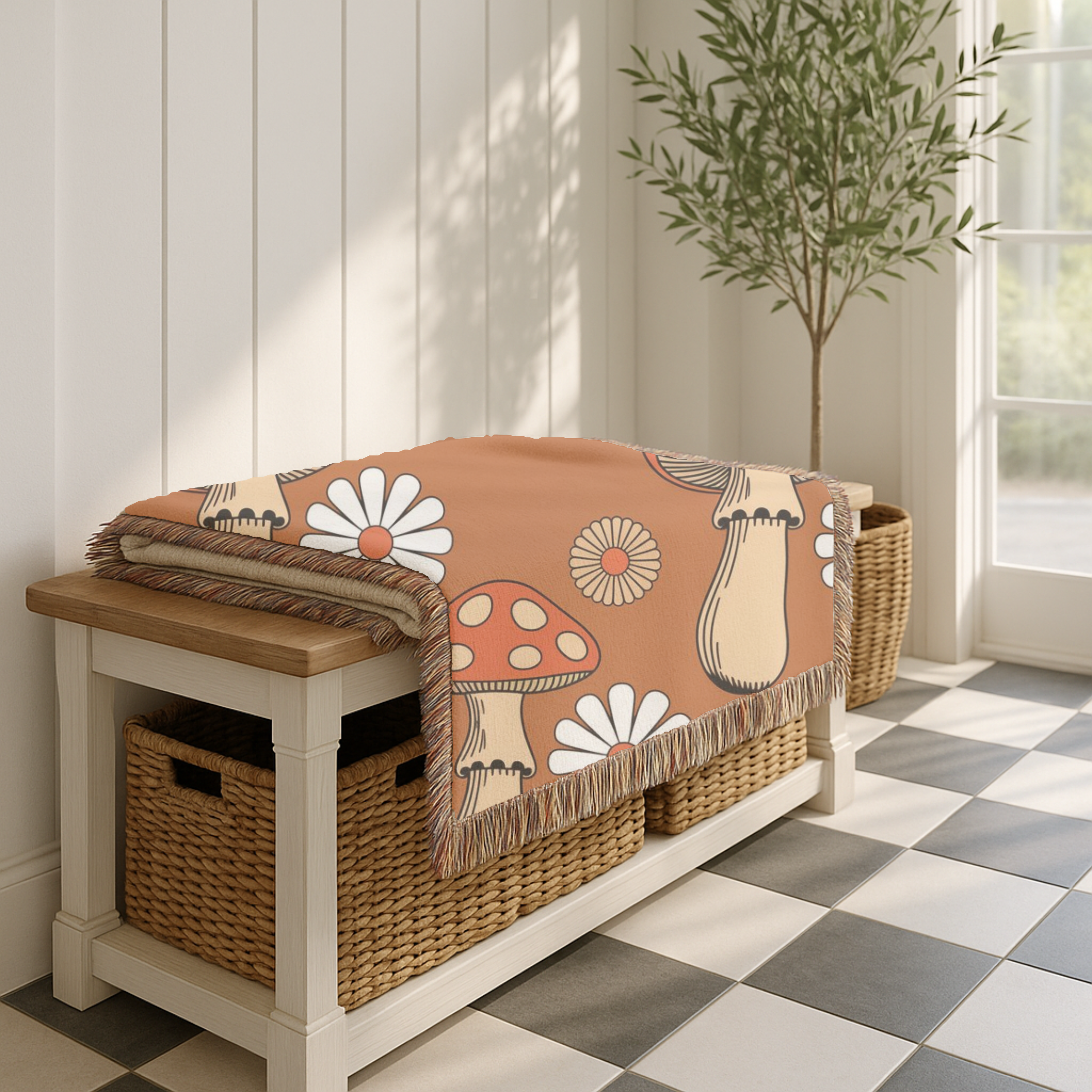 Groovy Mushroom Throw — 1970s Toadstool Daisy Woven Blanket