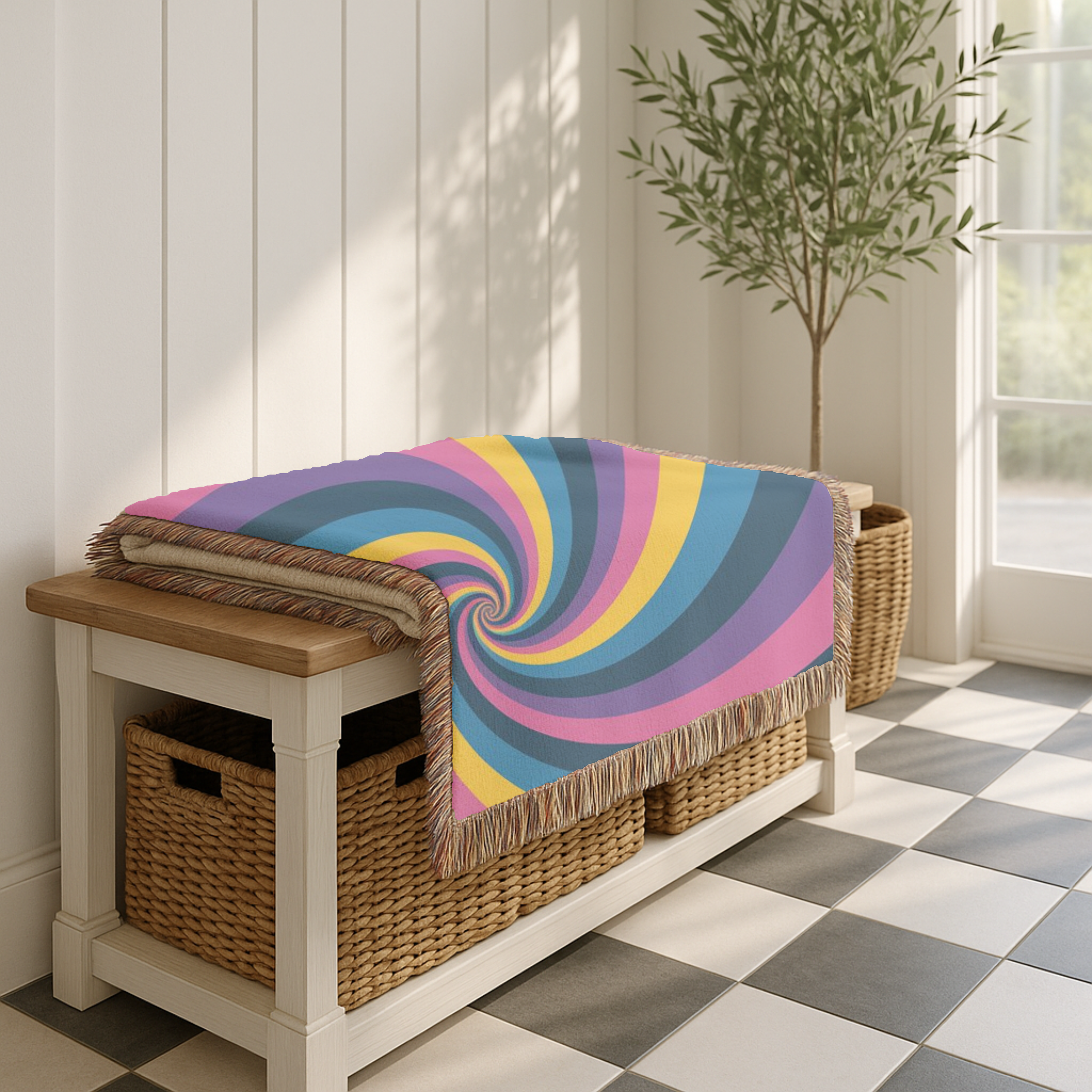 Hypnotic Throw — 1990s Psychedelic Swirl Woven Blanket