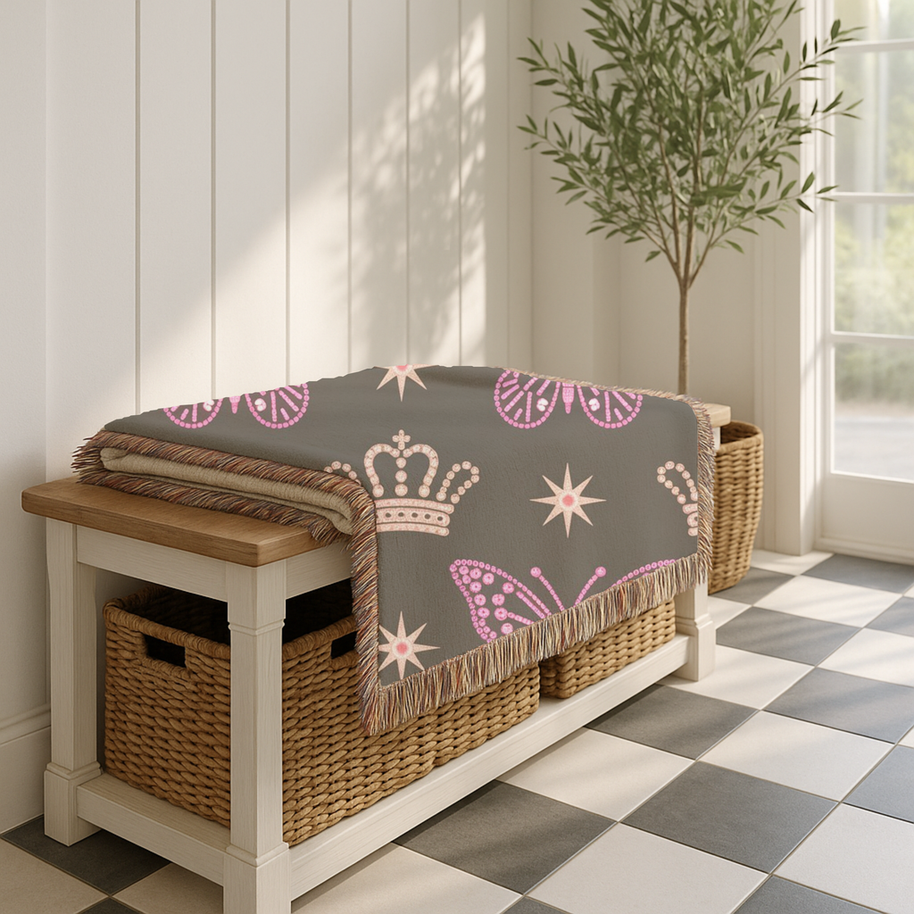 Crown & Wings Throw — 2000s Y2K Butterfly Crown Woven Blanket
