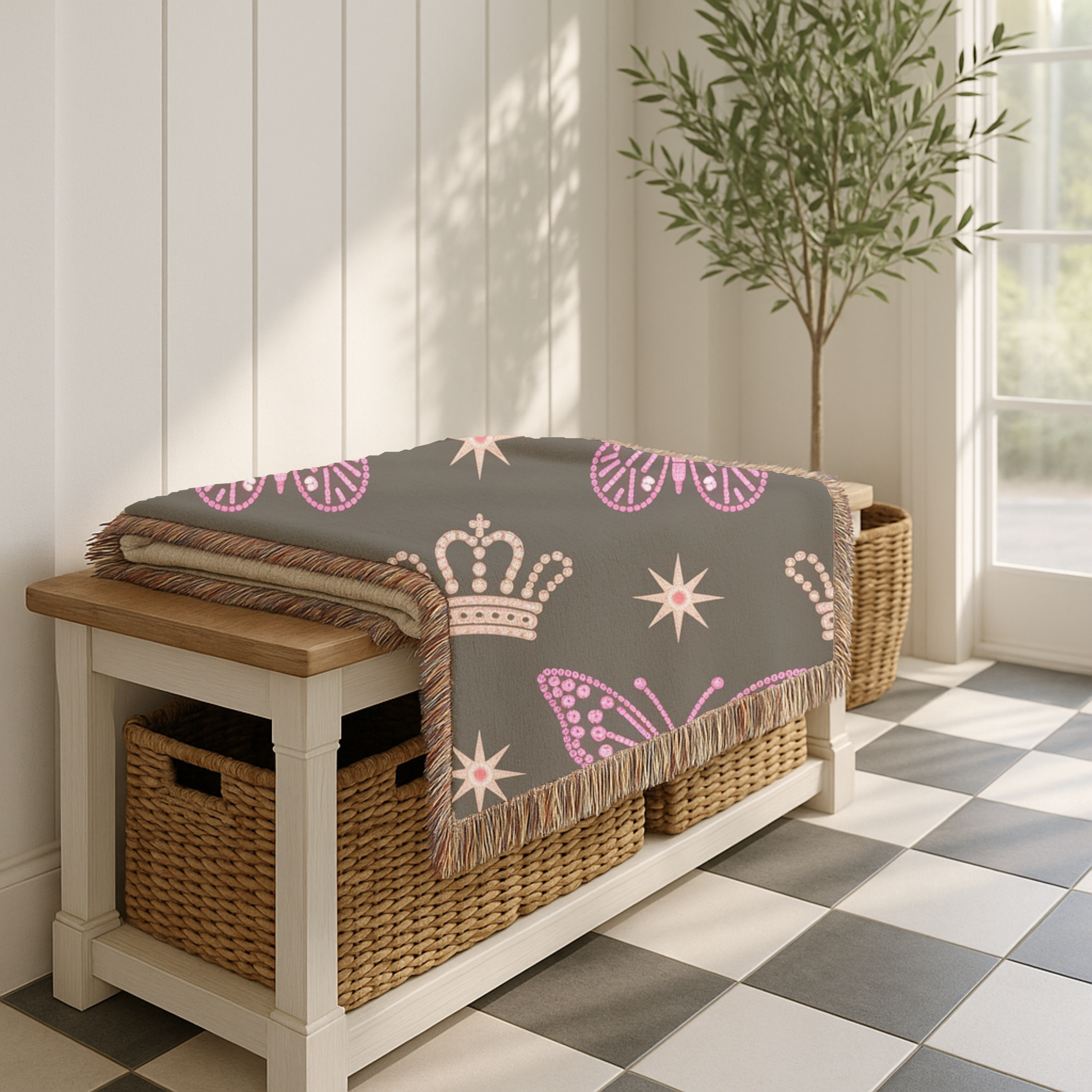 Crown & Wings Throw — 2000s Y2K Butterfly Crown Woven Blanket