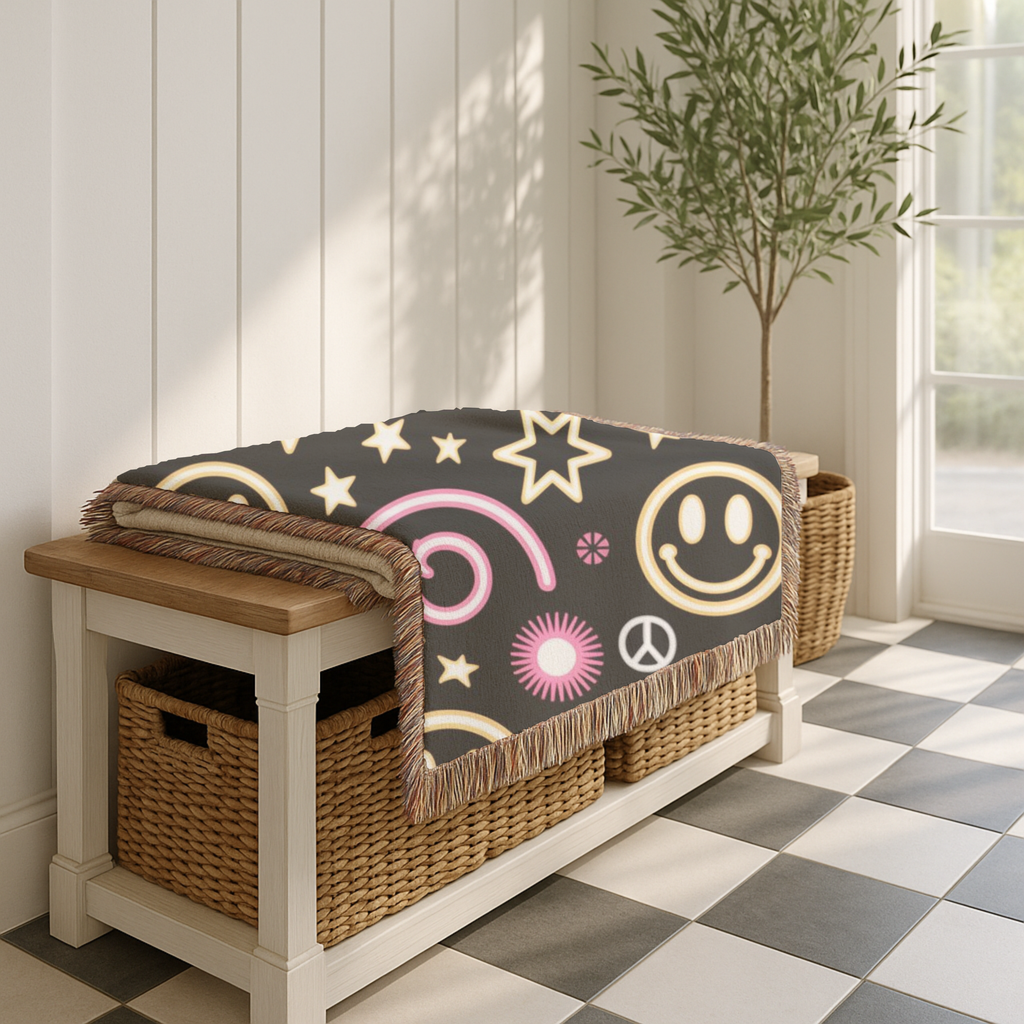 Happy Daze Throw — 1990s Smiley Face & Peace Woven Blanket