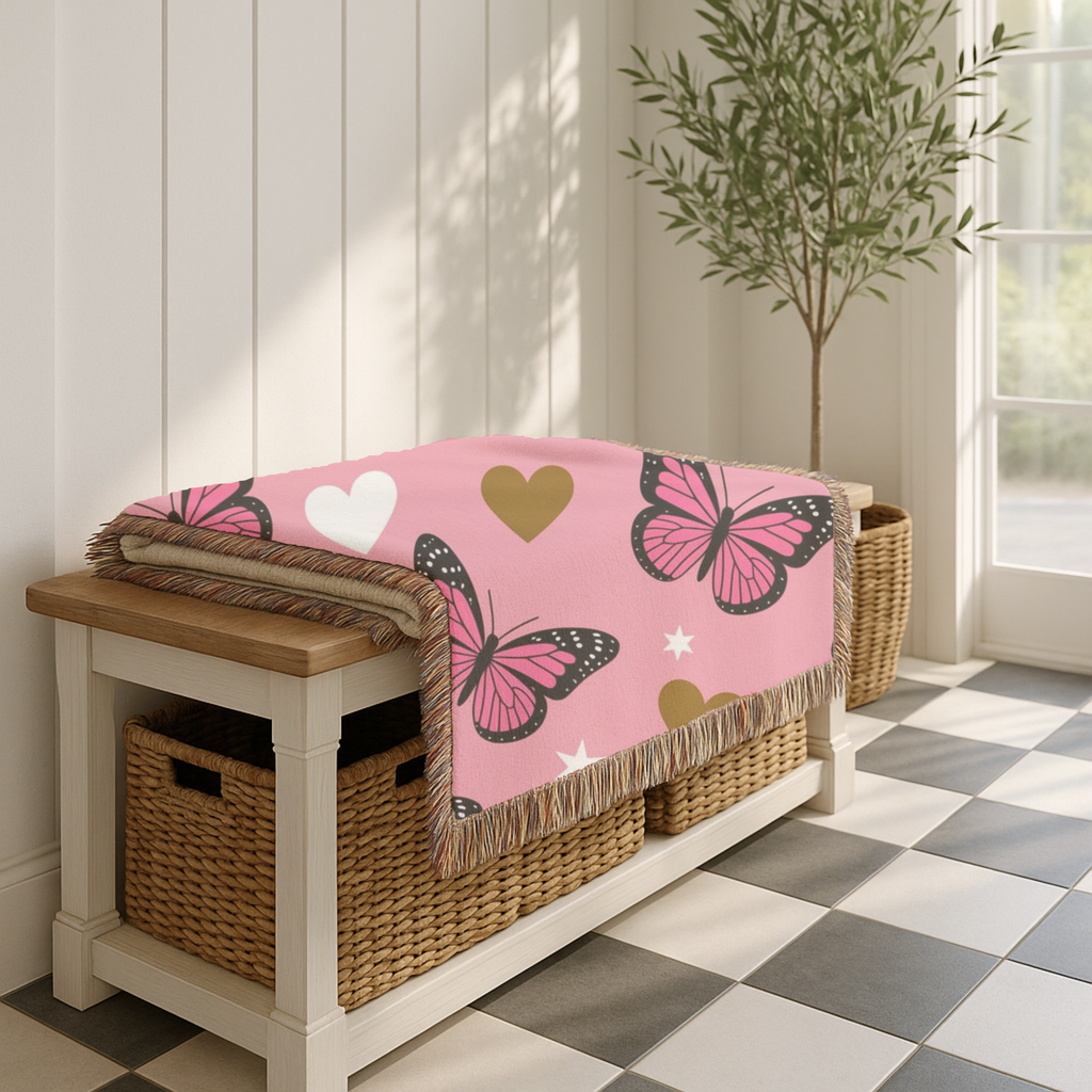 Butterfly Kiss Throw — 2000s Pink Butterfly & Heart Woven Blanket