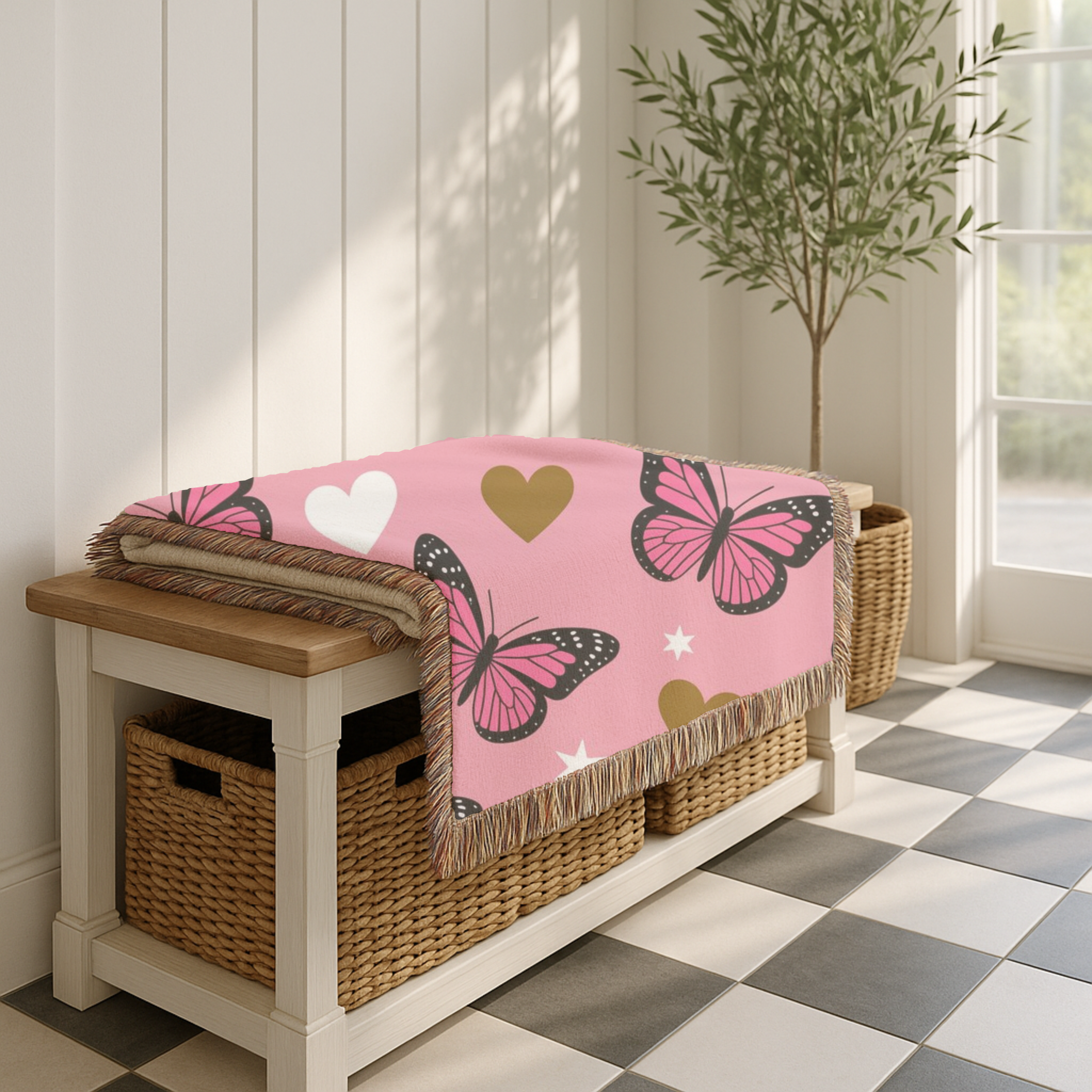 Butterfly Kiss Throw — 2000s Pink Butterfly & Heart Woven Blanket