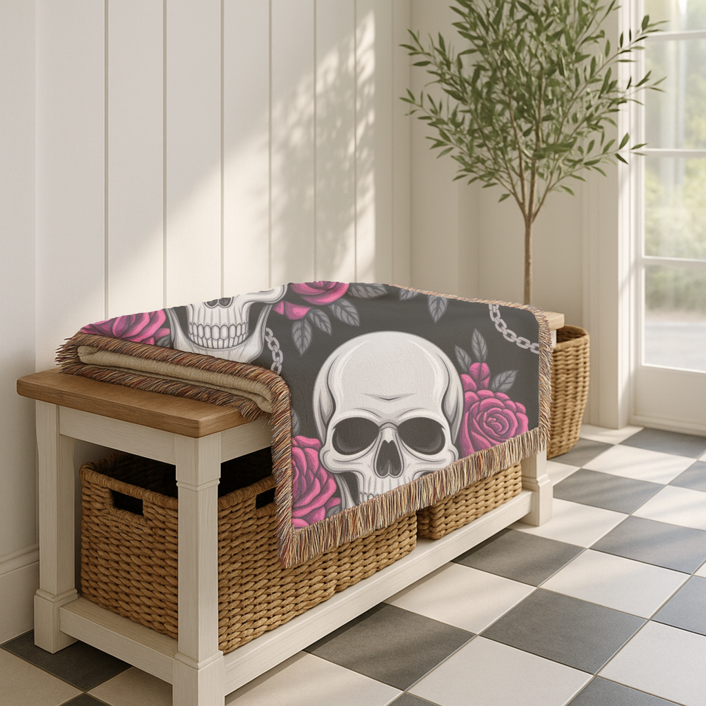 Skull & Roses Throw — 1990s Gothic Skull & Rose Woven Blanket