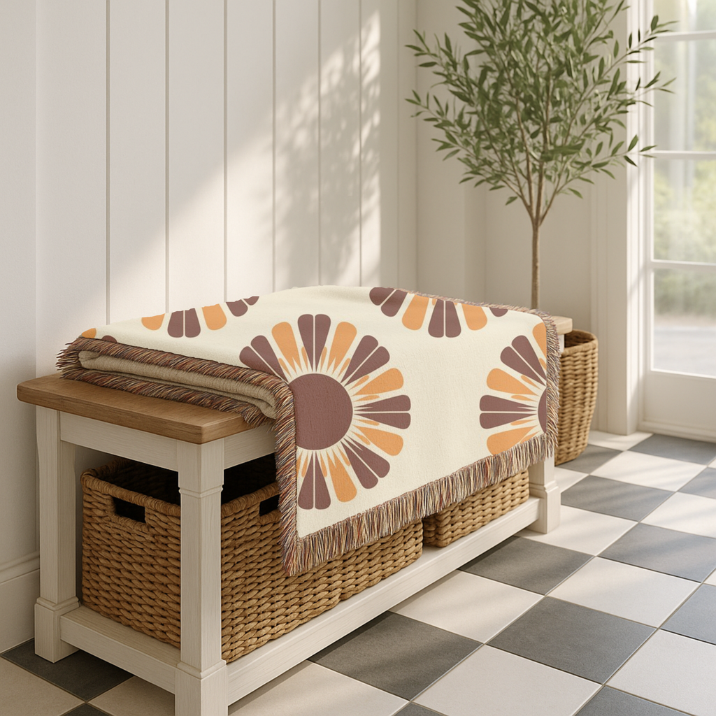 Harvest Sunflower Throw — 1970s Folk Sunflower Woven Blanket