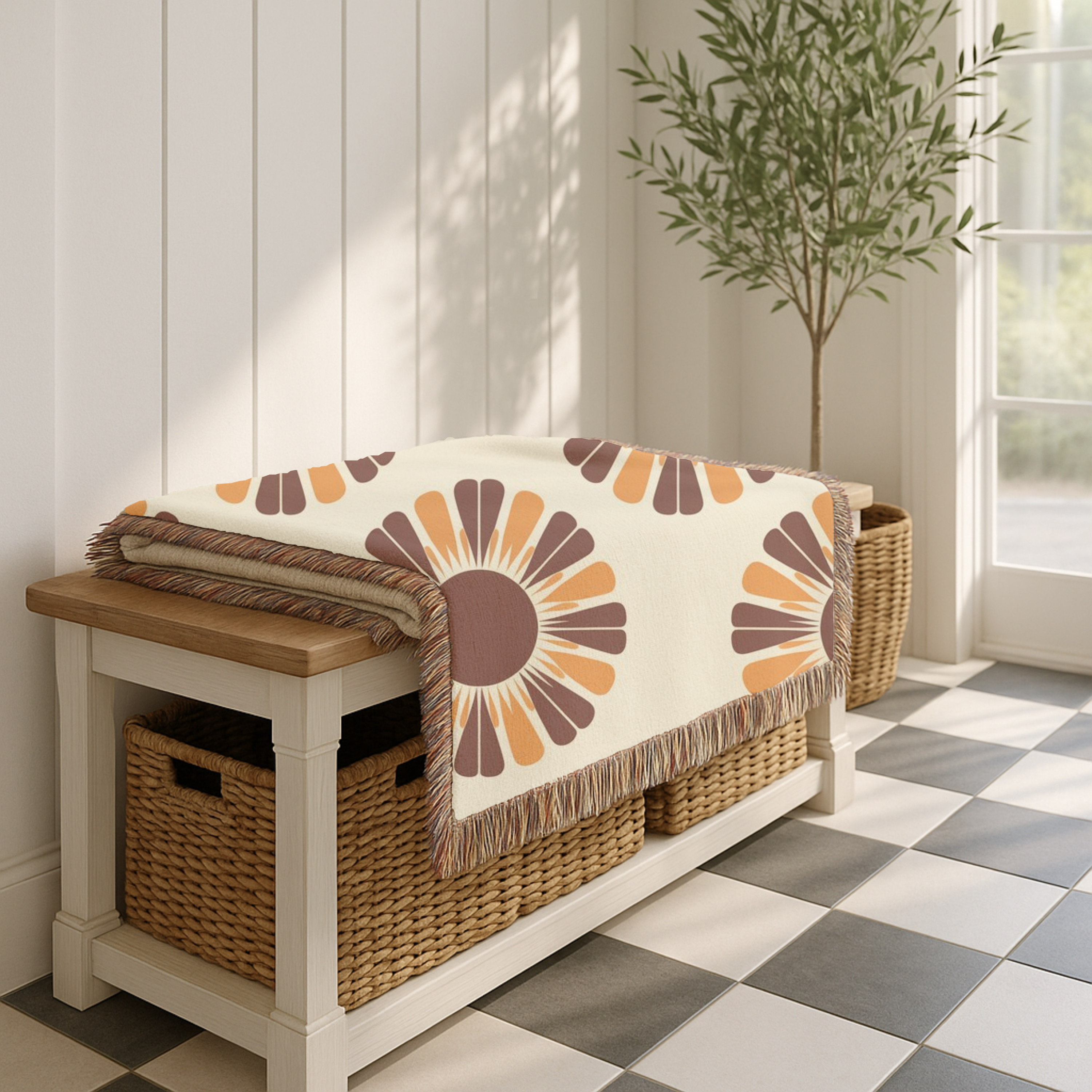 Harvest Sunflower Throw — 1970s Folk Sunflower Woven Blanket