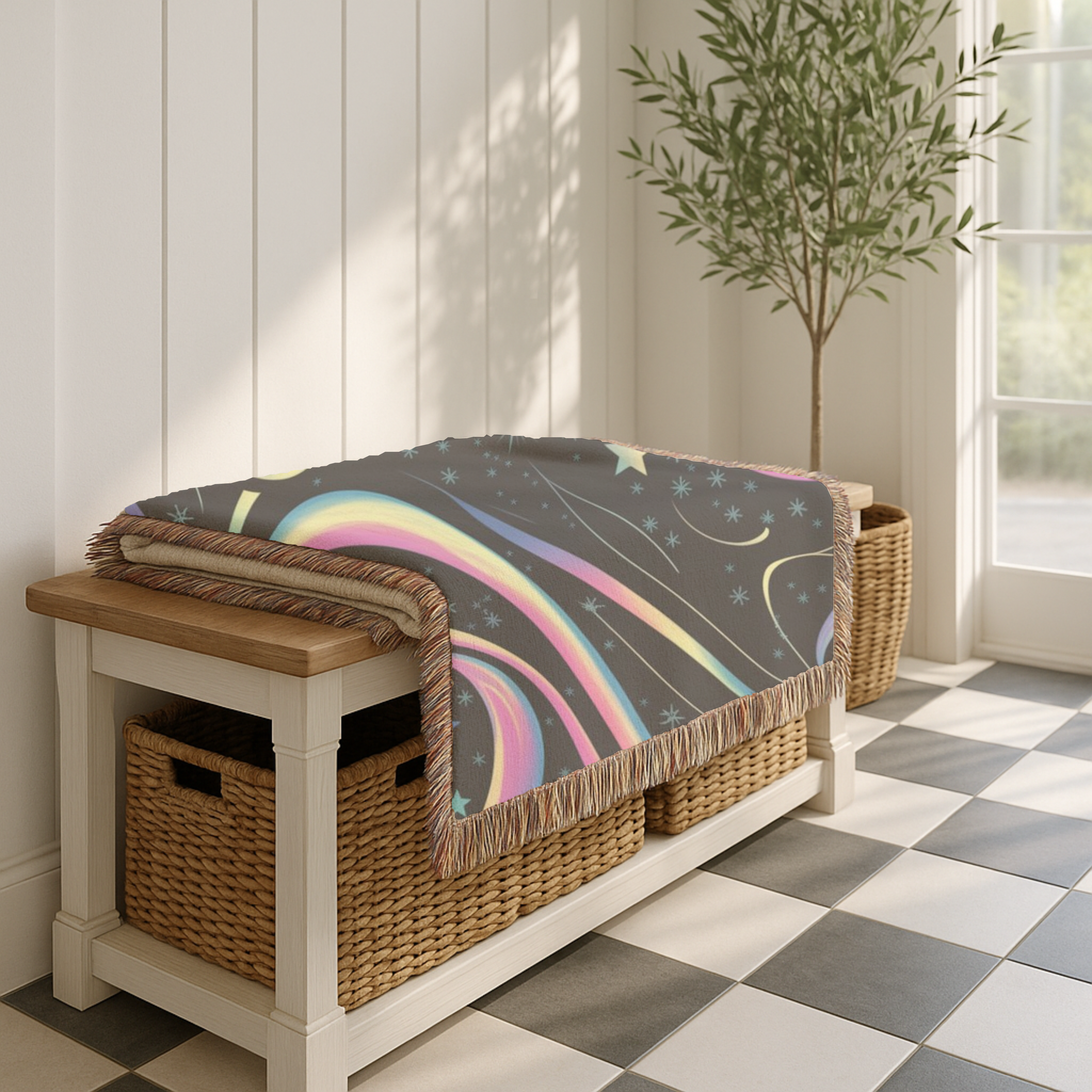 Stardust Throw — 2000s Y2K Rainbow Star Swirl Woven Blanket