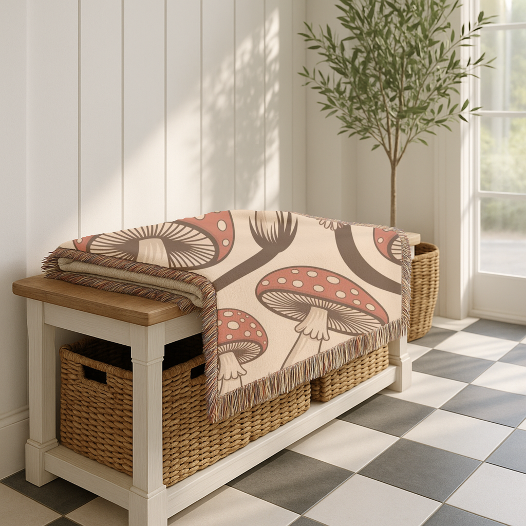 Forest Floor Throw — 1970s Woodland Mushroom Woven Blanket