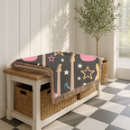 Woven Electric Guitar Throw Blanket | Pink Yellow Blue Black Stars, 1980s Rock Décor