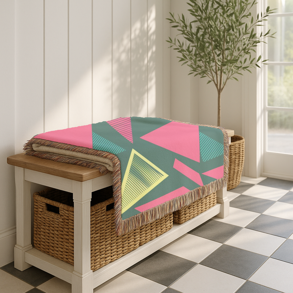Neon Triangle Throw — 1980s Memphis Geometric Woven Blanket