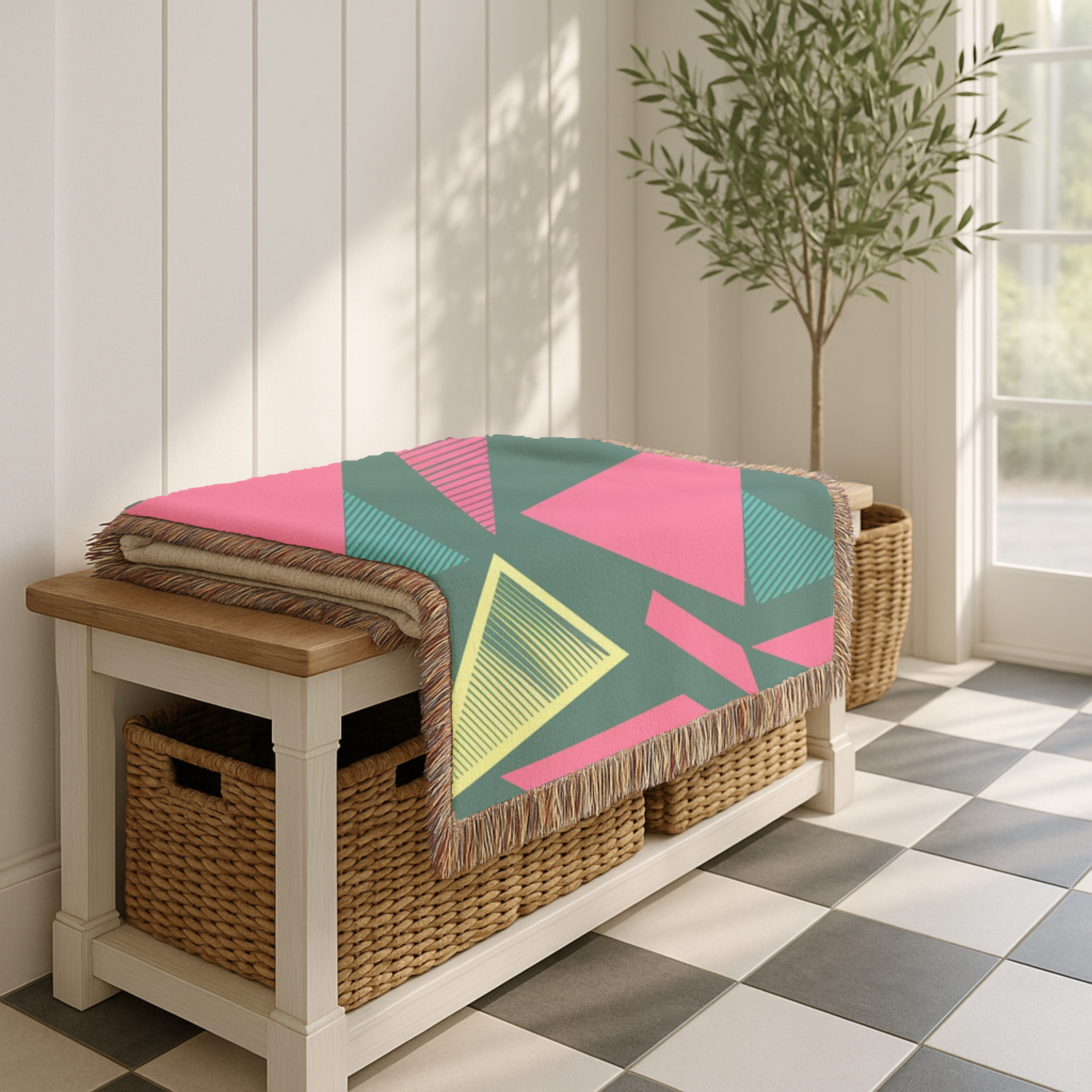 Neon Triangle Throw — 1980s Memphis Geometric Woven Blanket