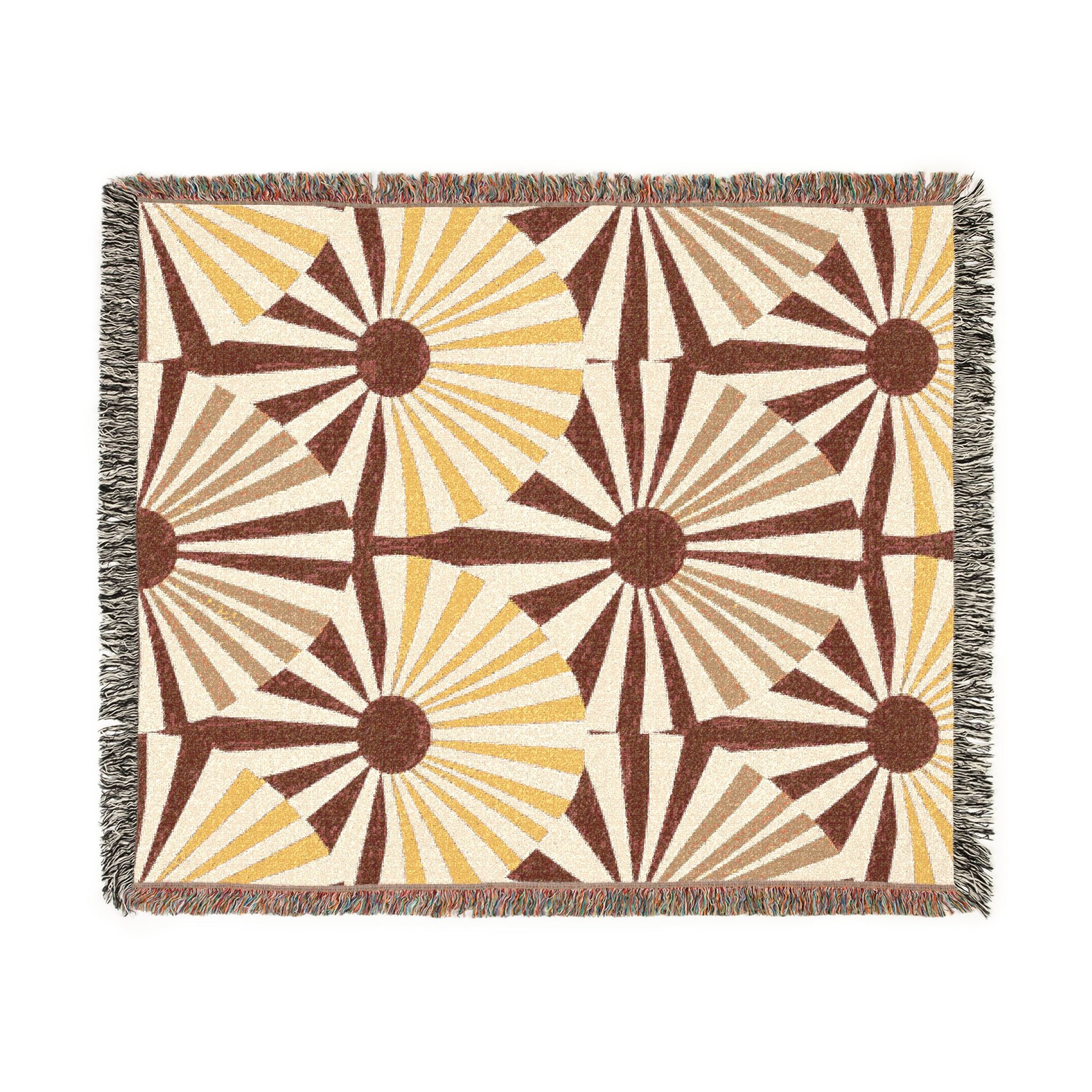 Solar Fan Throw — 1970s Geometric Sunburst Woven Blanket