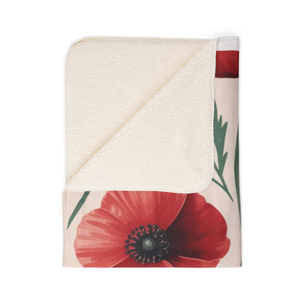 Poppy Floral Sherpa Blanket — Cozy Fleece Throw with Red Poppy Pattern