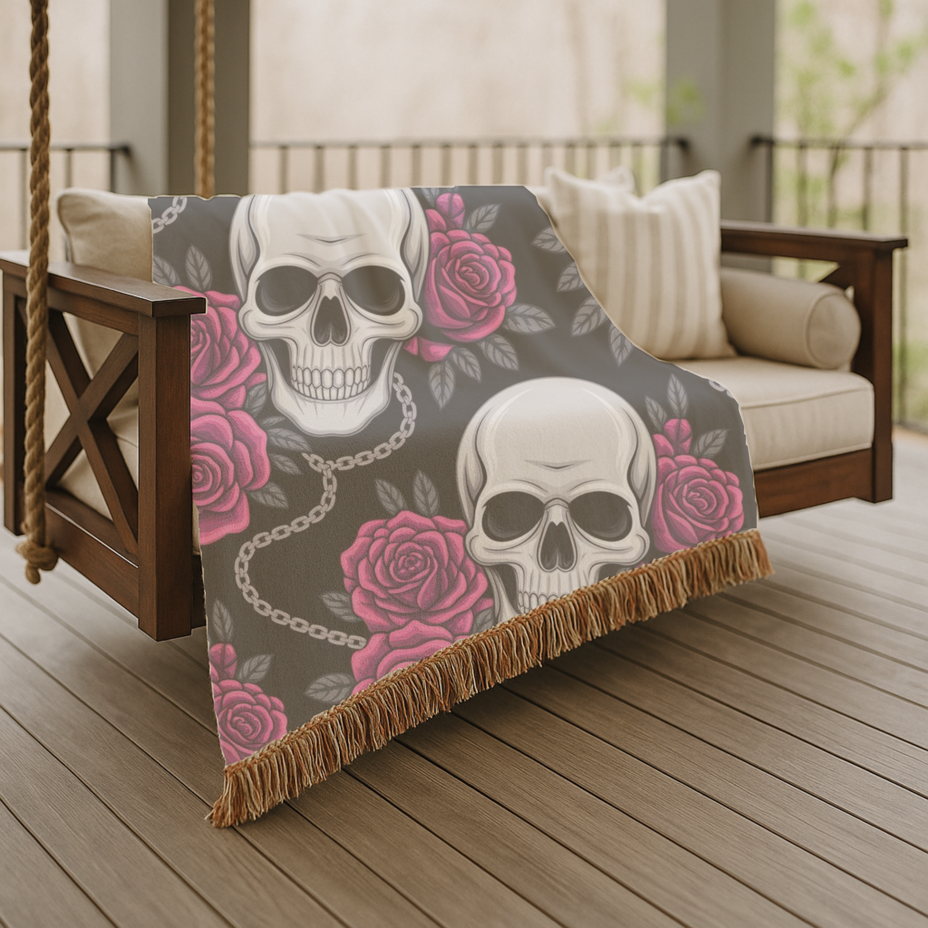Skull & Roses Throw — 1990s Gothic Skull & Rose Woven Blanket