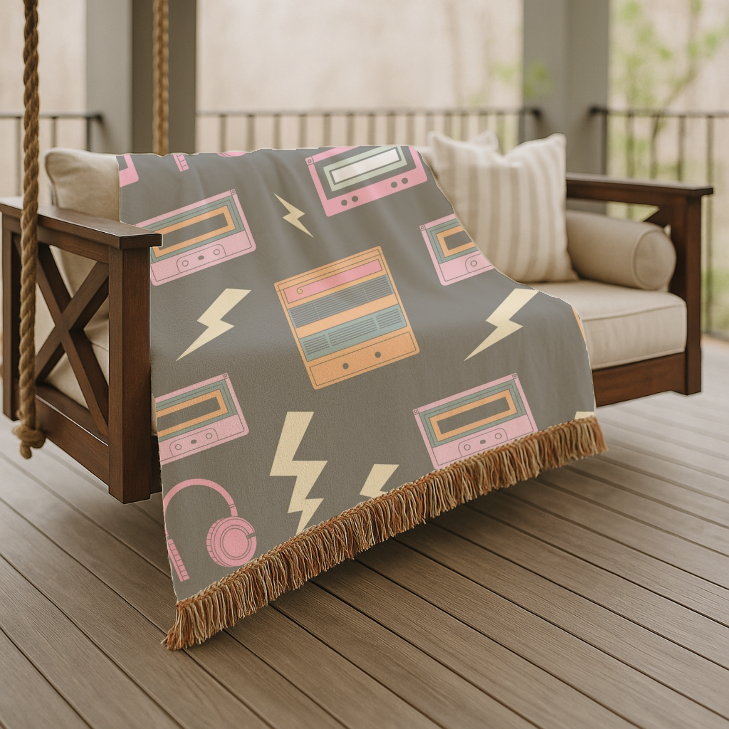 Walkman Throw — 1980s Headphones & Cassette Woven Blanket