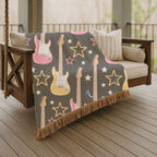 Woven Electric Guitar Throw Blanket | Pink Yellow Blue Black Stars, 1980s Rock Décor