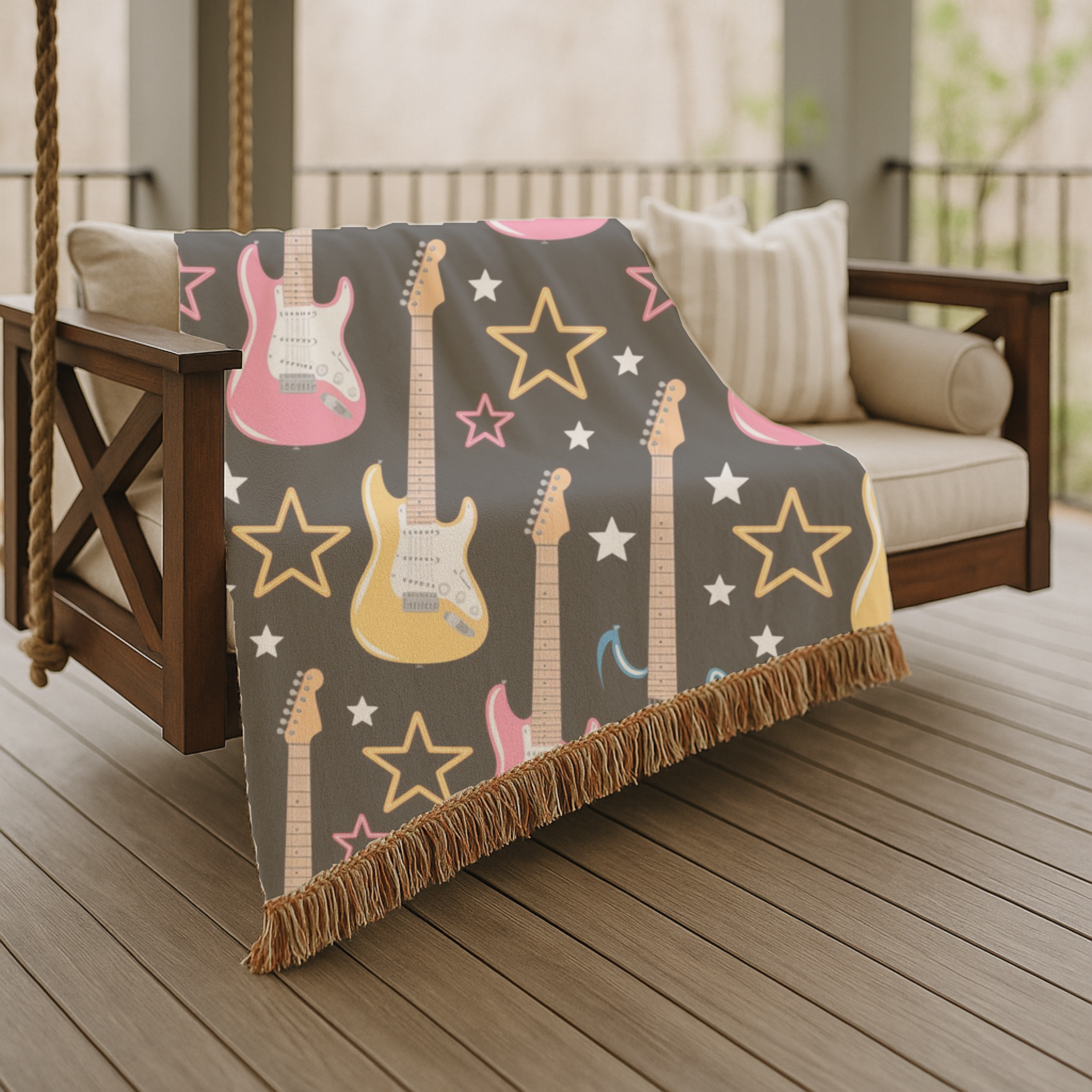 Woven Electric Guitar Throw Blanket | Pink Yellow Blue Black Stars, 1980s Rock Décor
