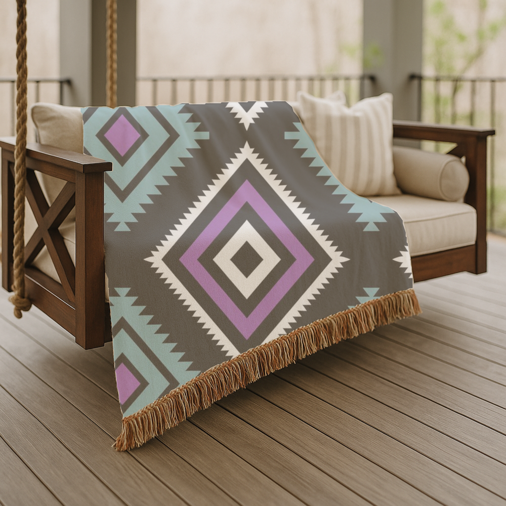 Neon Tribe Throw — 1990s Teal & Purple Geometric Woven Blanket