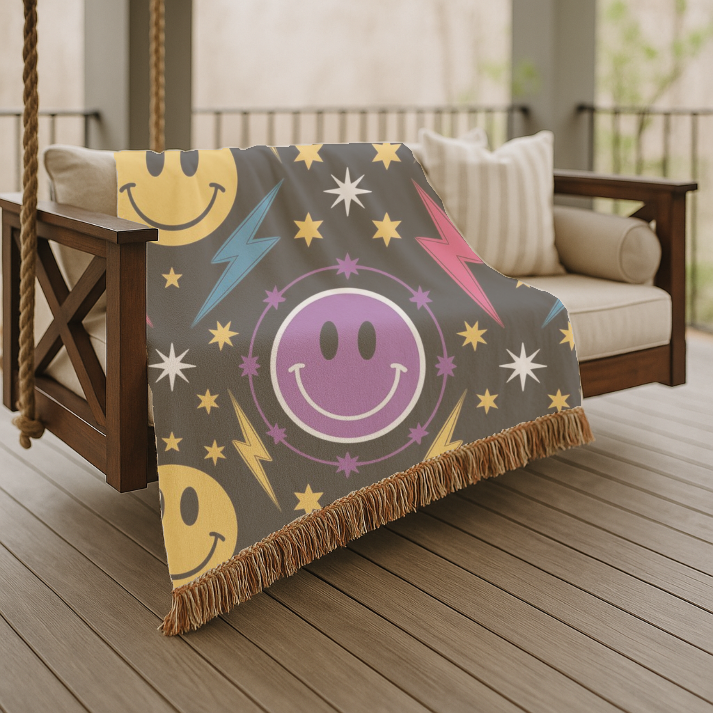 Bolts & Smiles Throw — 1990s Smiley & Lightning Woven Blanket