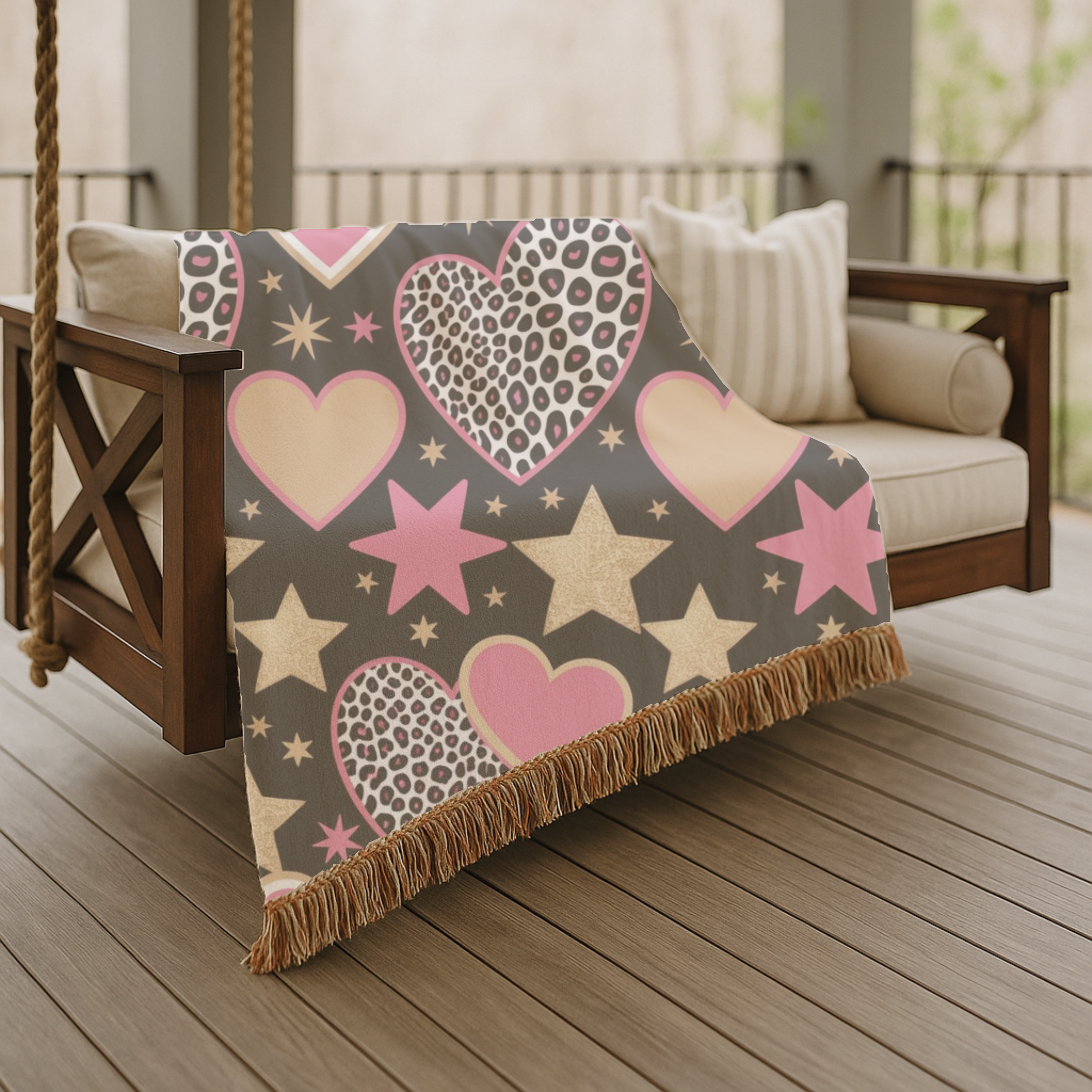Girl Power Throw — 1990s Leopard Heart & Star Woven Blanket
