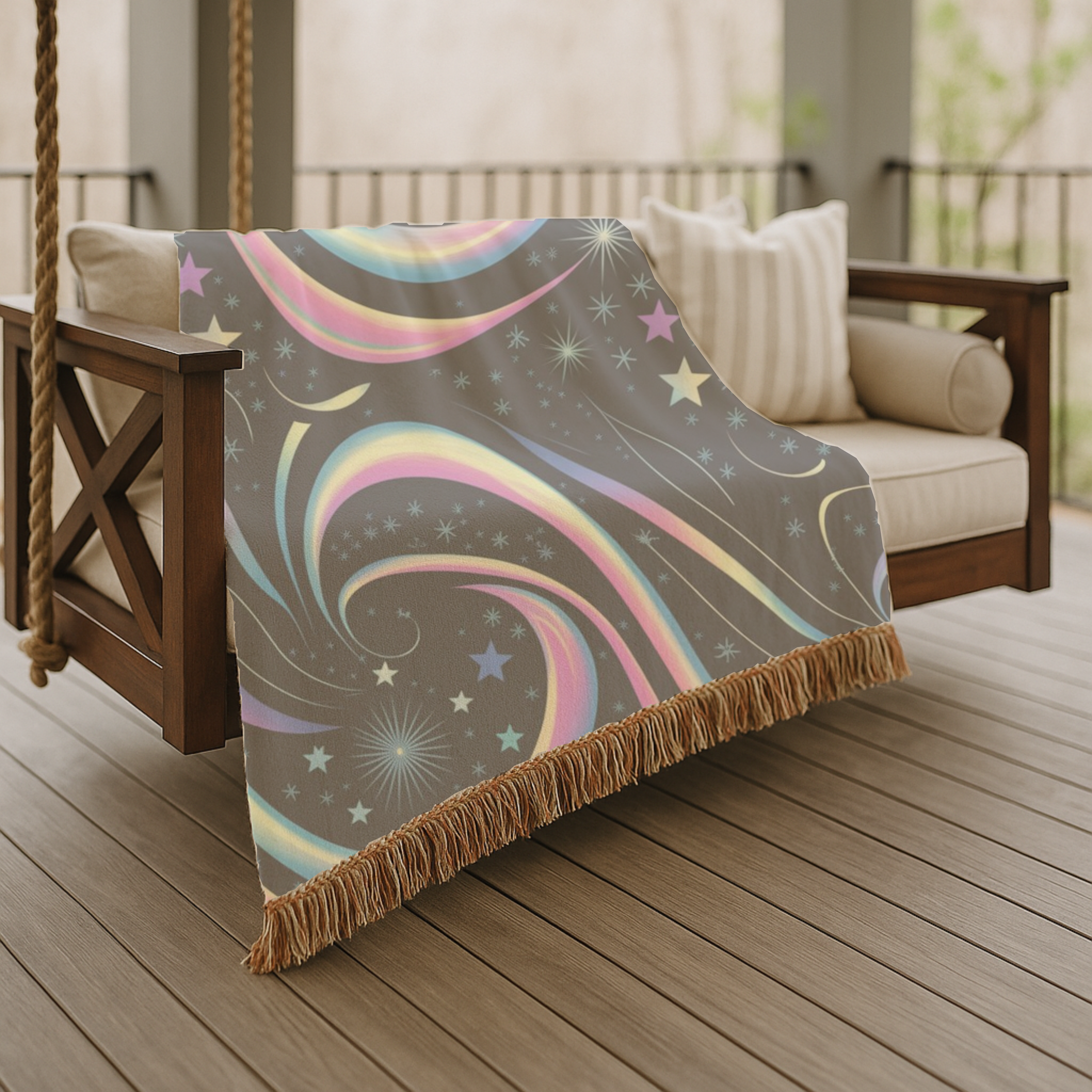 Stardust Throw — 2000s Y2K Rainbow Star Swirl Woven Blanket