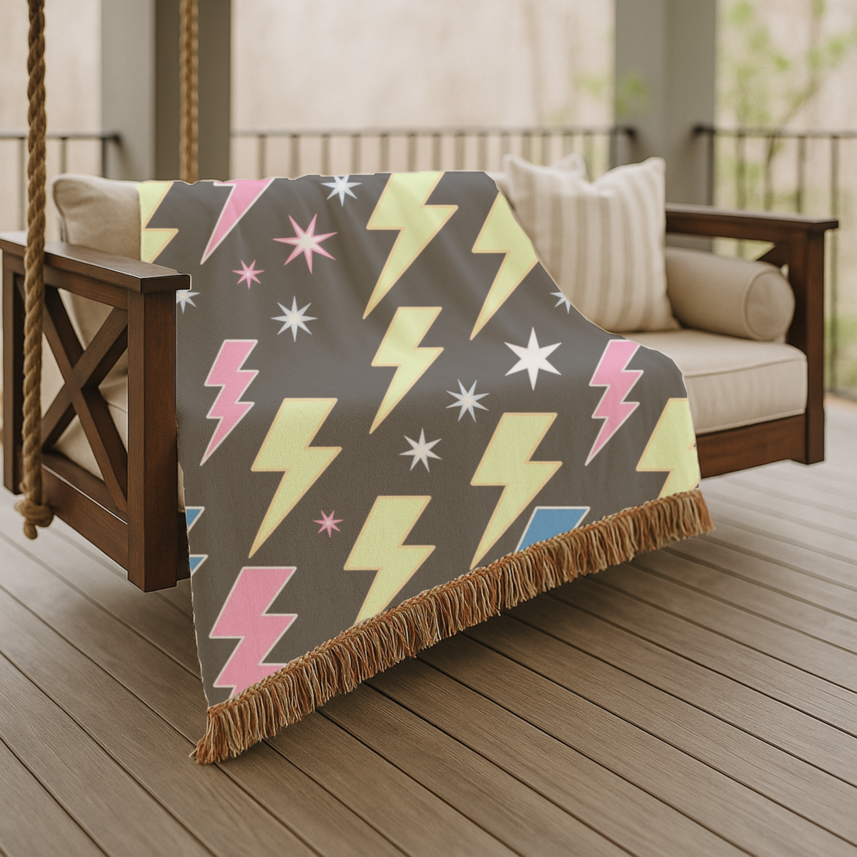 Lightning Strike Throw — 1980s Neon Bolt Woven Blanket