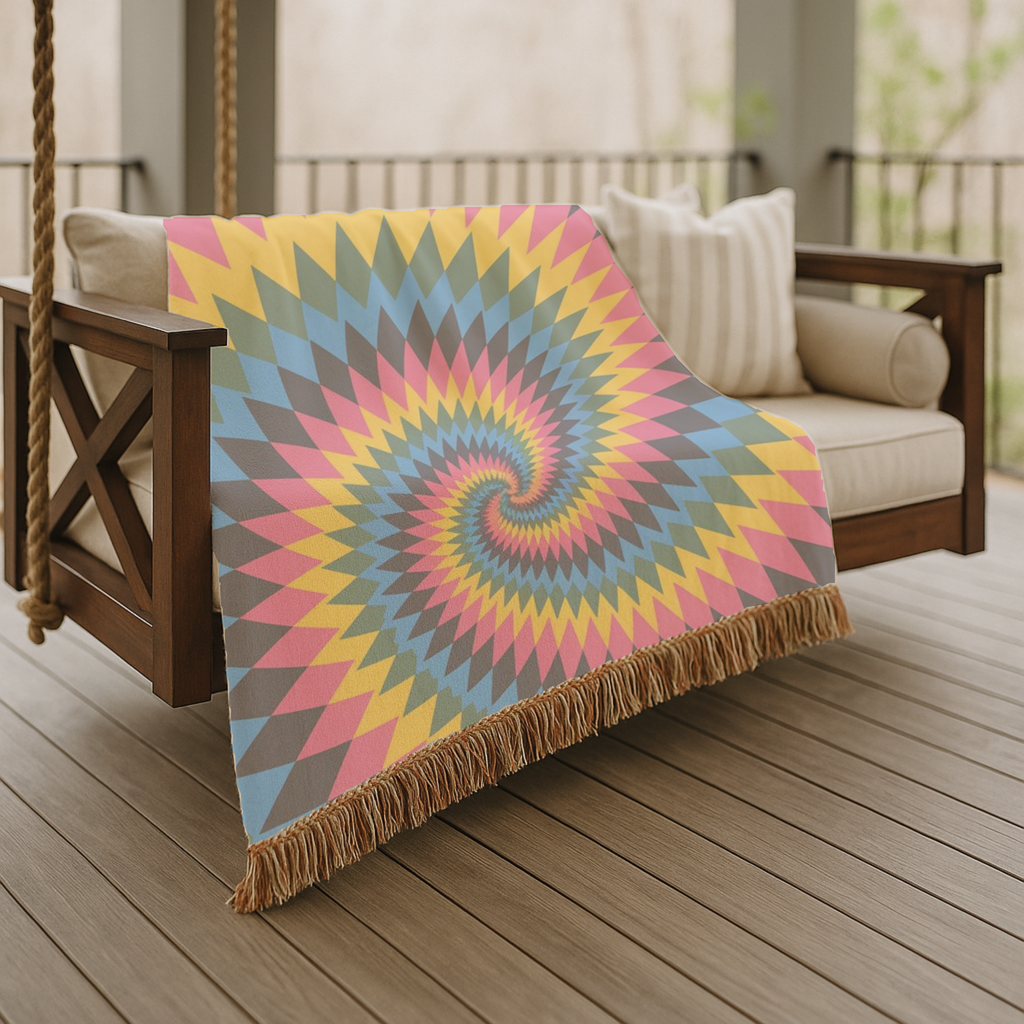 Spectrum Throw — 1990s Rainbow Spiral Woven Blanket