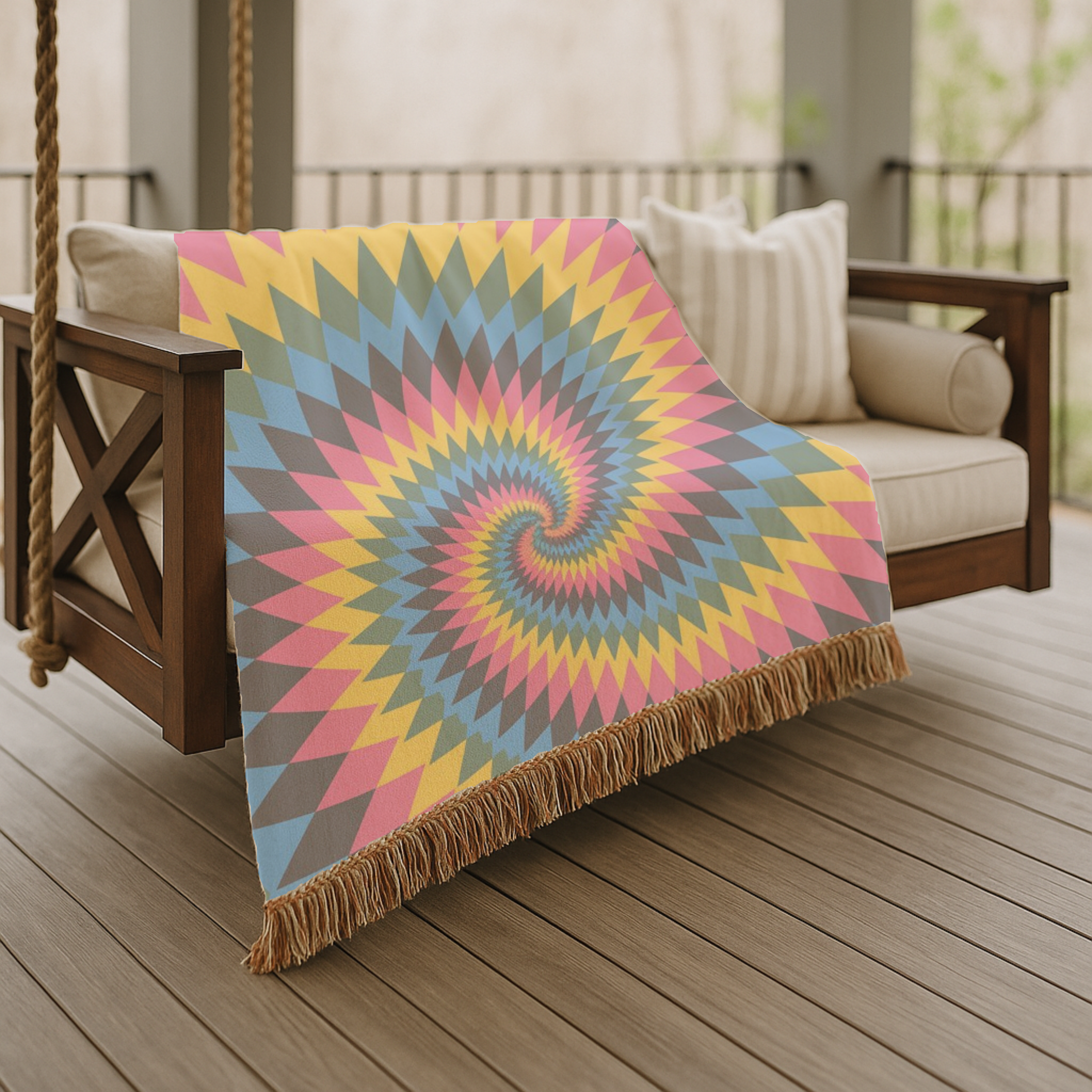 Spectrum Throw — 1990s Rainbow Spiral Woven Blanket