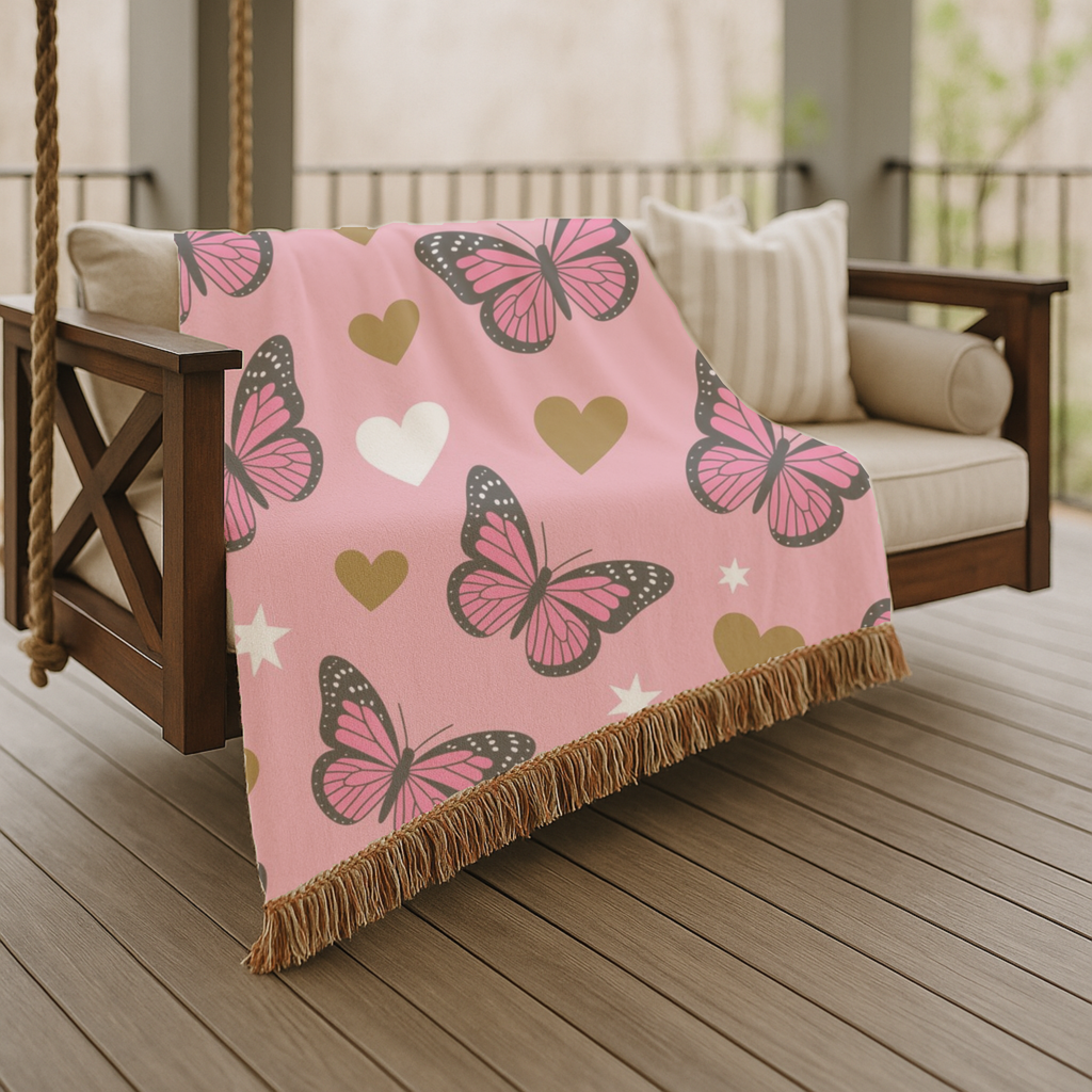 Butterfly Kiss Throw — 2000s Pink Butterfly & Heart Woven Blanket