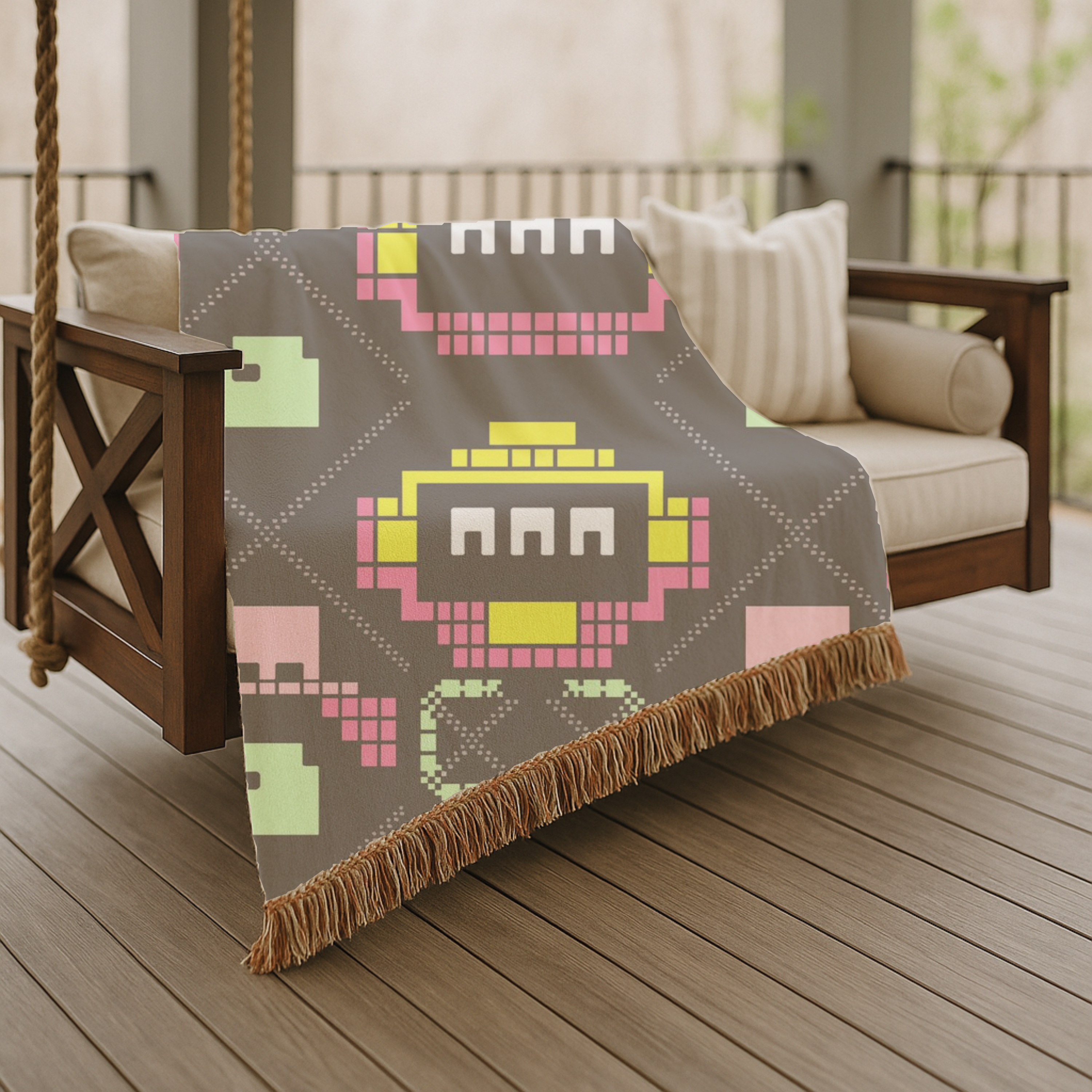 Pixel Robot Throw — 1980s Arcade Game Woven Blanket