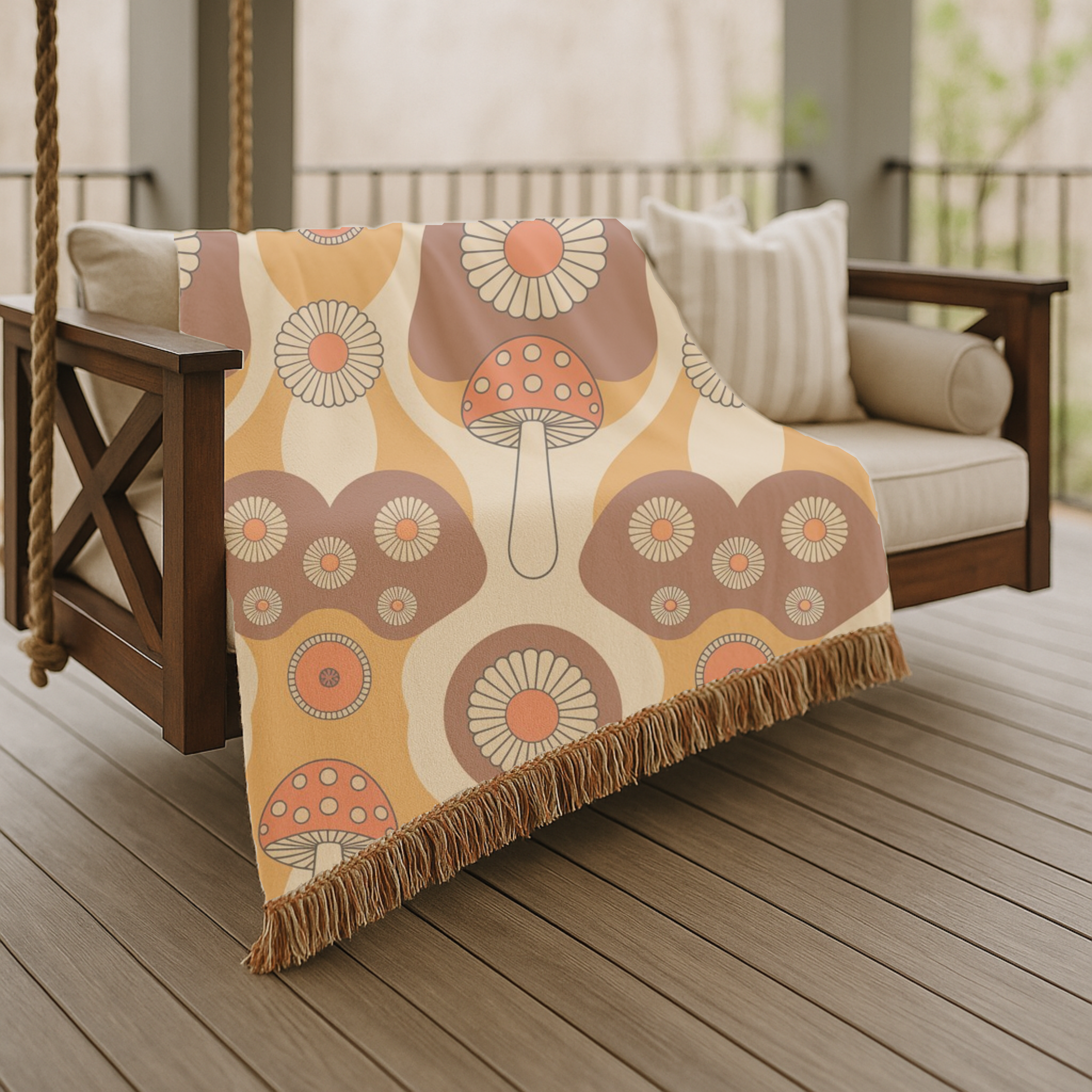 Mushroom Garden Throw — 1970s Retro Fungi Woven Blanket