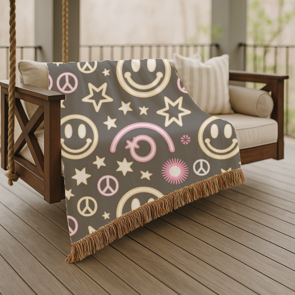 Happy Daze Throw — 1990s Smiley Face & Peace Woven Blanket