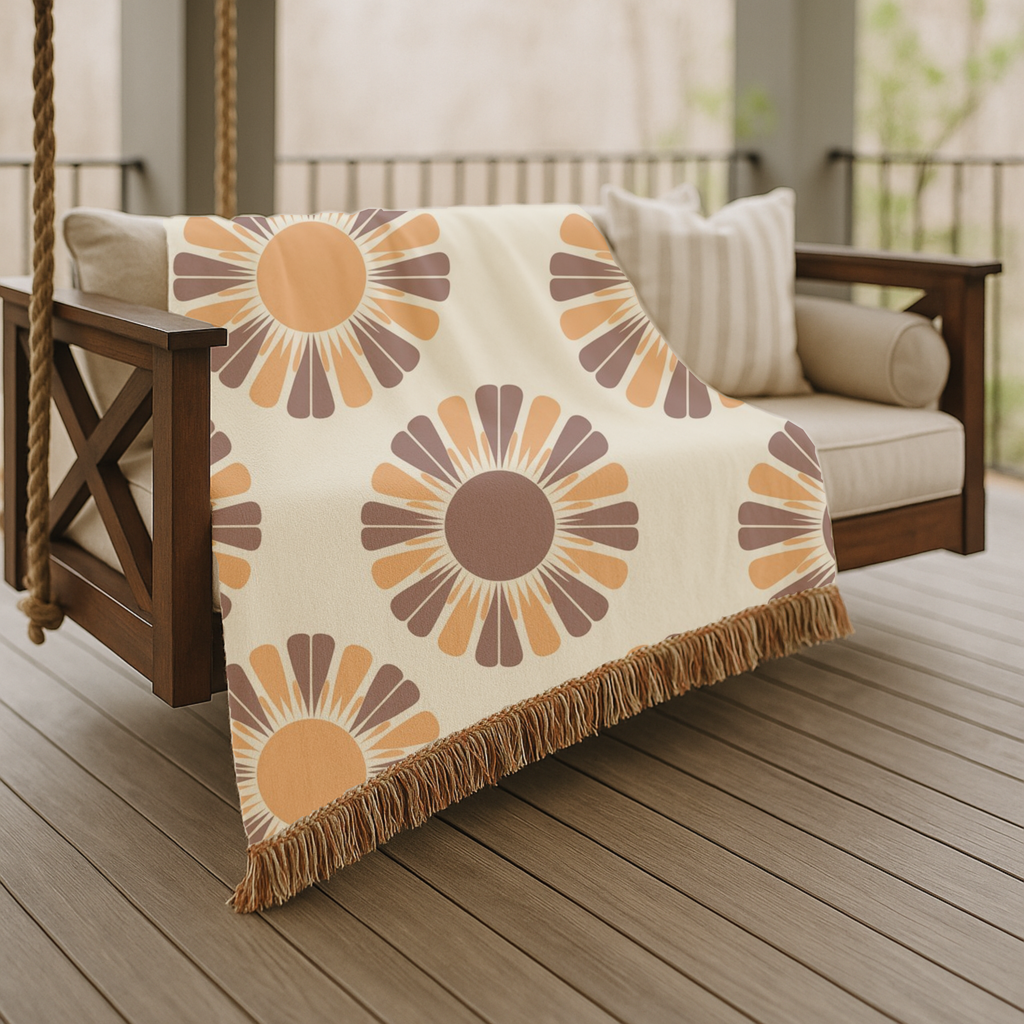 Harvest Sunflower Throw — 1970s Folk Sunflower Woven Blanket