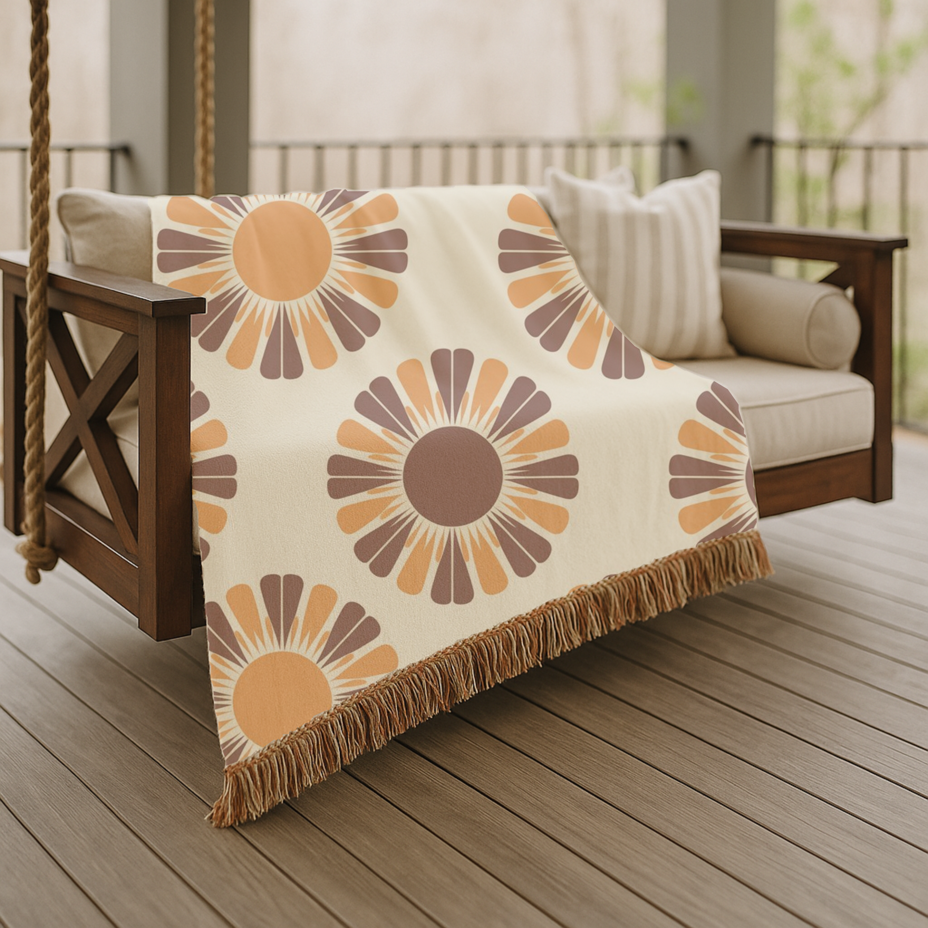 Harvest Sunflower Throw — 1970s Folk Sunflower Woven Blanket