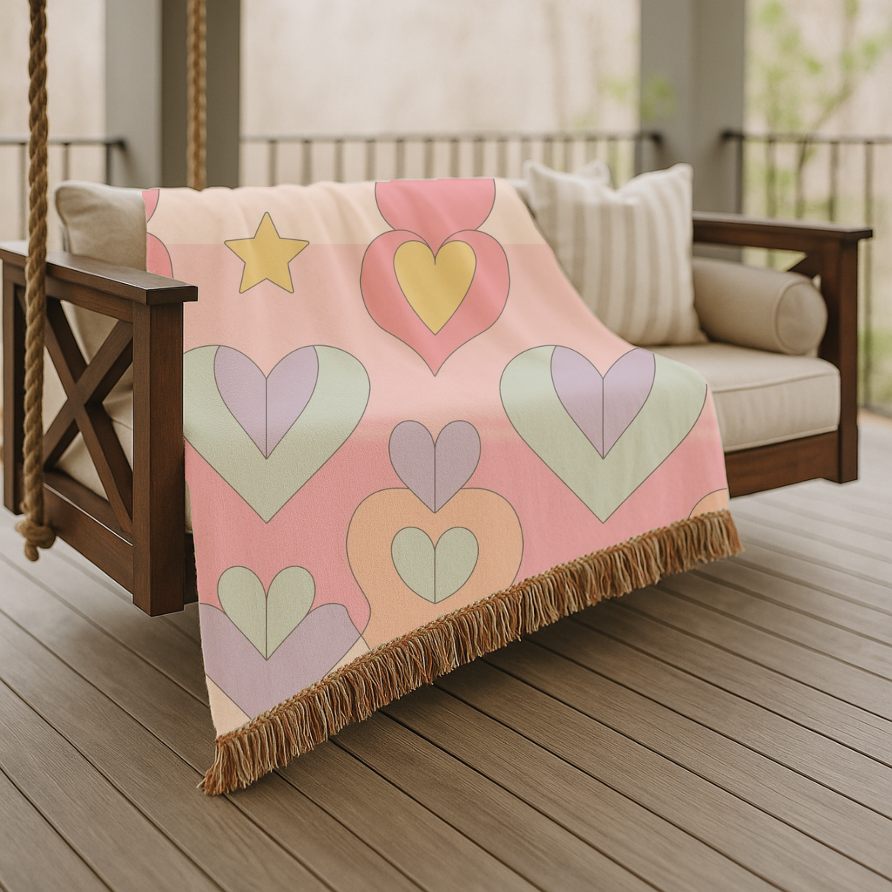 Layered Heart Throw — 1980s Rainbow Love Woven Blanket