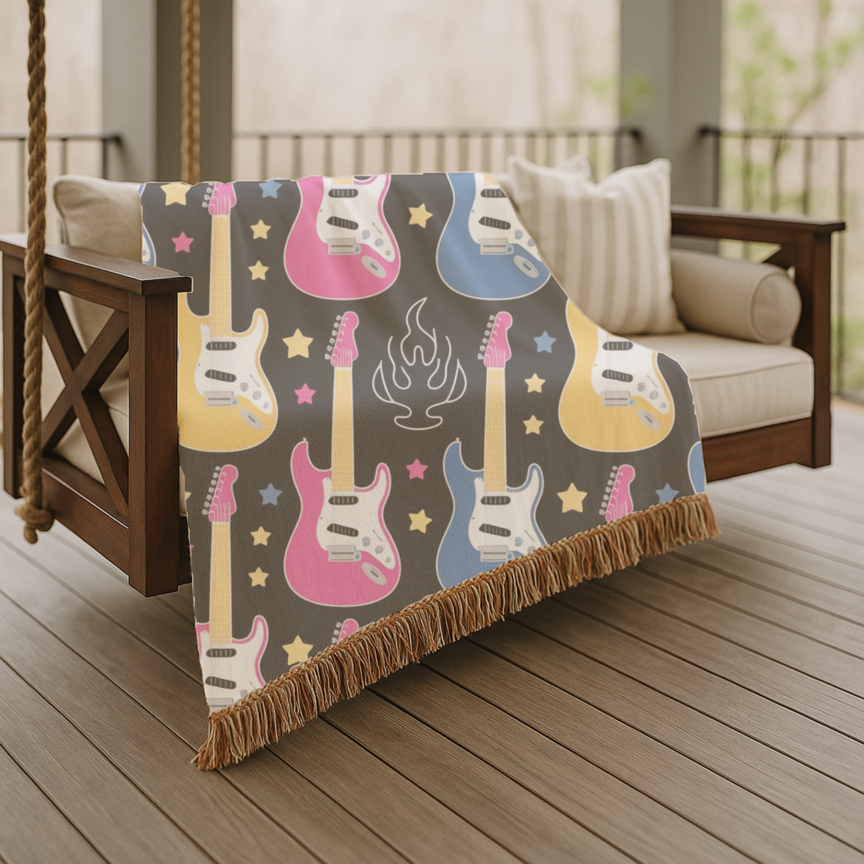 Rock Flame Throw — 1980s Guitar Fire Woven Blanket