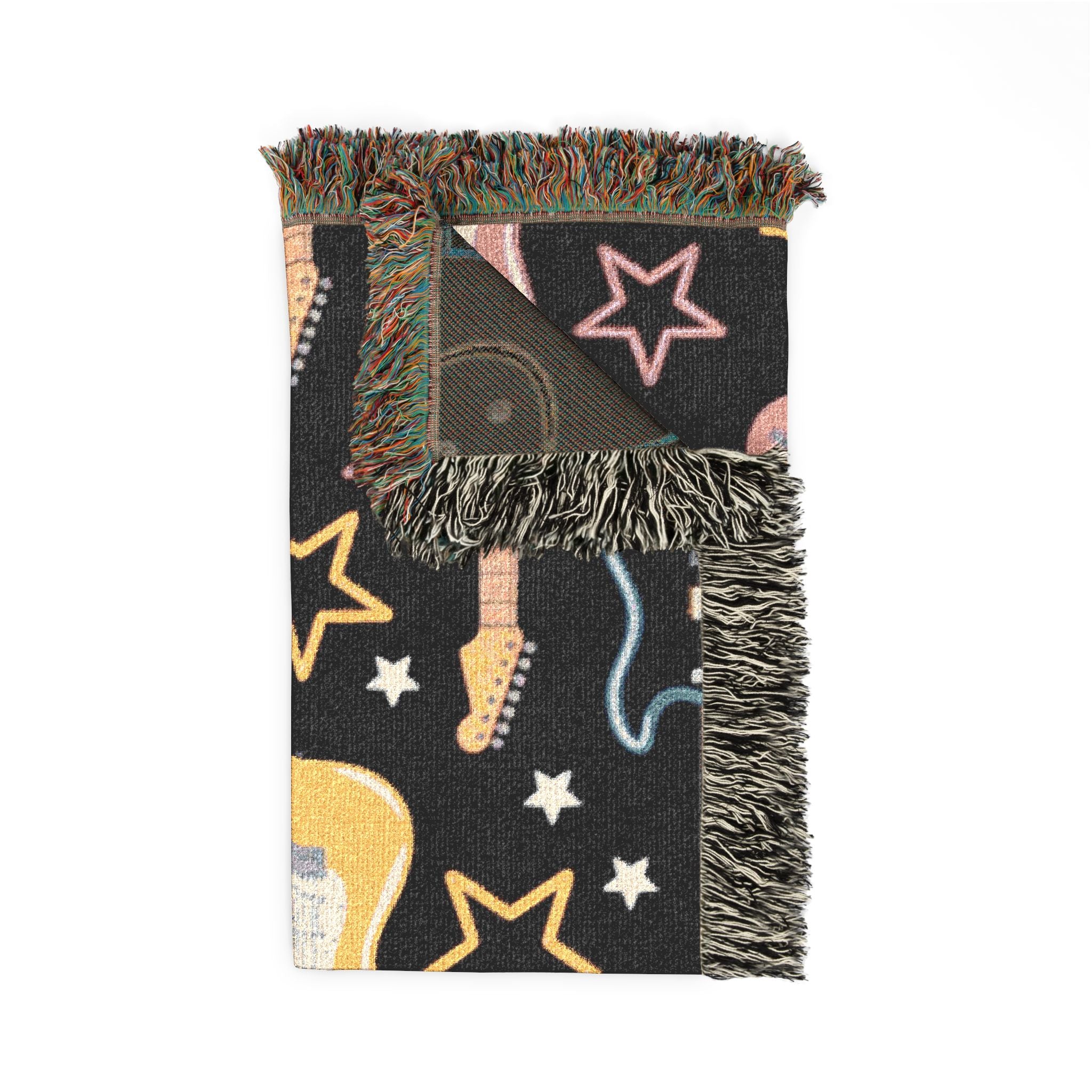 Woven Electric Guitar Throw Blanket | Pink Yellow Blue Black Stars, 1980s Rock Décor